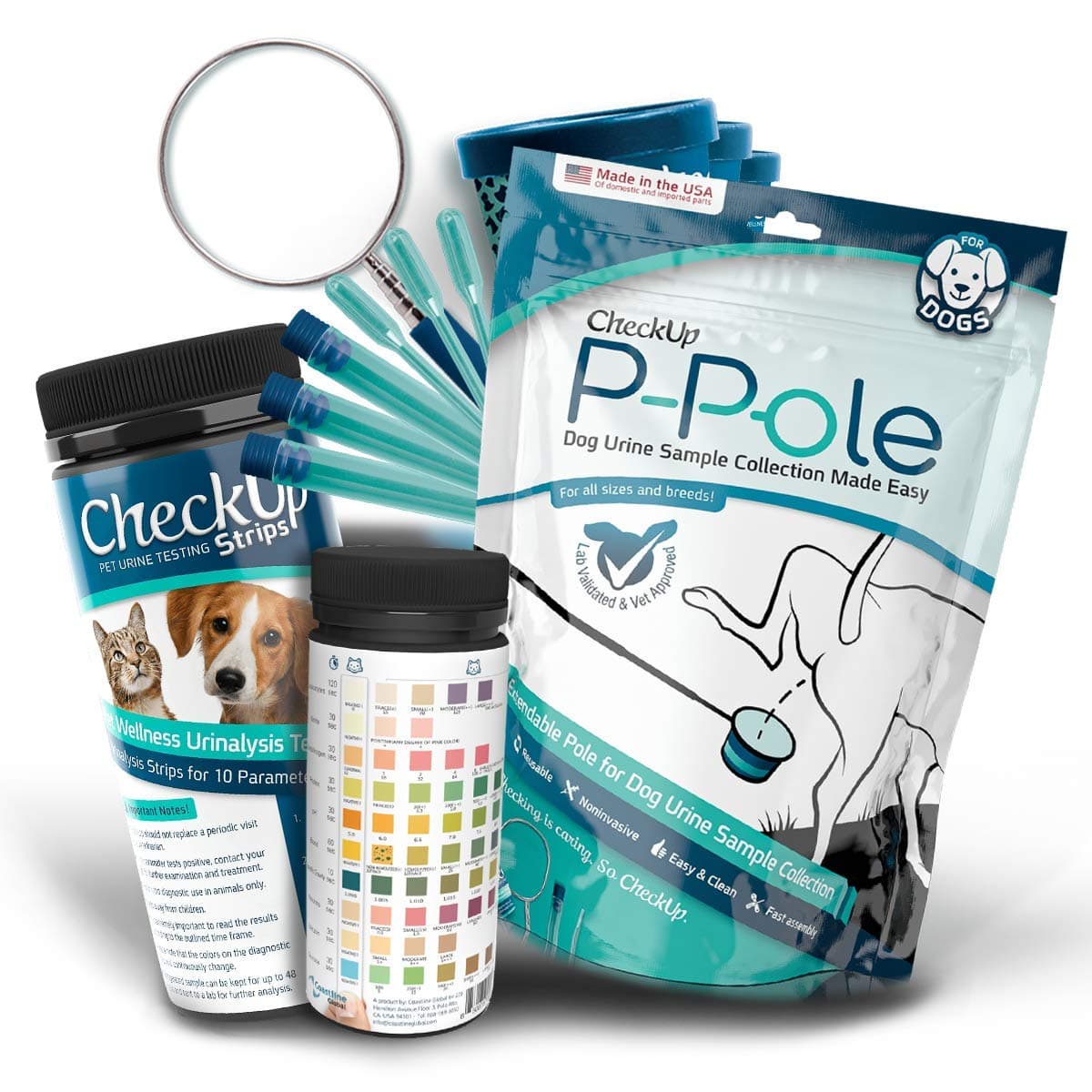 KIT4CAT P-Pole & Test Bundle - P-Pole Telescopic Pole, Cups, Pipette and Vial for Dog Urine Collection with CheckUp 10 Parameters Testing Strips x 50