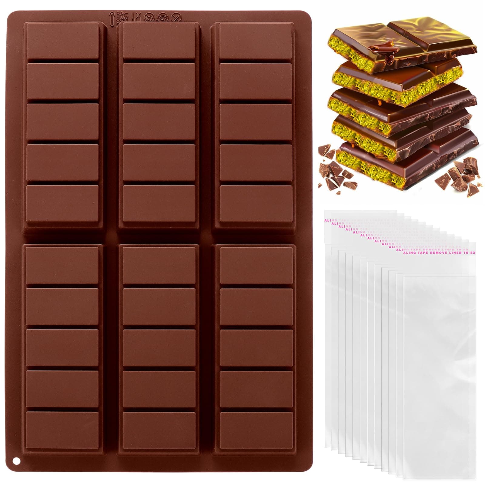 Mity rain Chocolate Bar Mold Deep, Silicone Thick Chocolate Bar Mold for Stuffed Bar, Rectangle Knafeh Pistachio Chocolate Bar Break Apart Candy Bar Molds with 100pcs Storage Bags