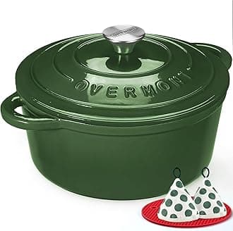 Overmont Roasting Dish Enamel Cast Iron Pot - 26 cm Oven Safe - with Lid and Cookbook - for Kitchen Baking Braising Roasting