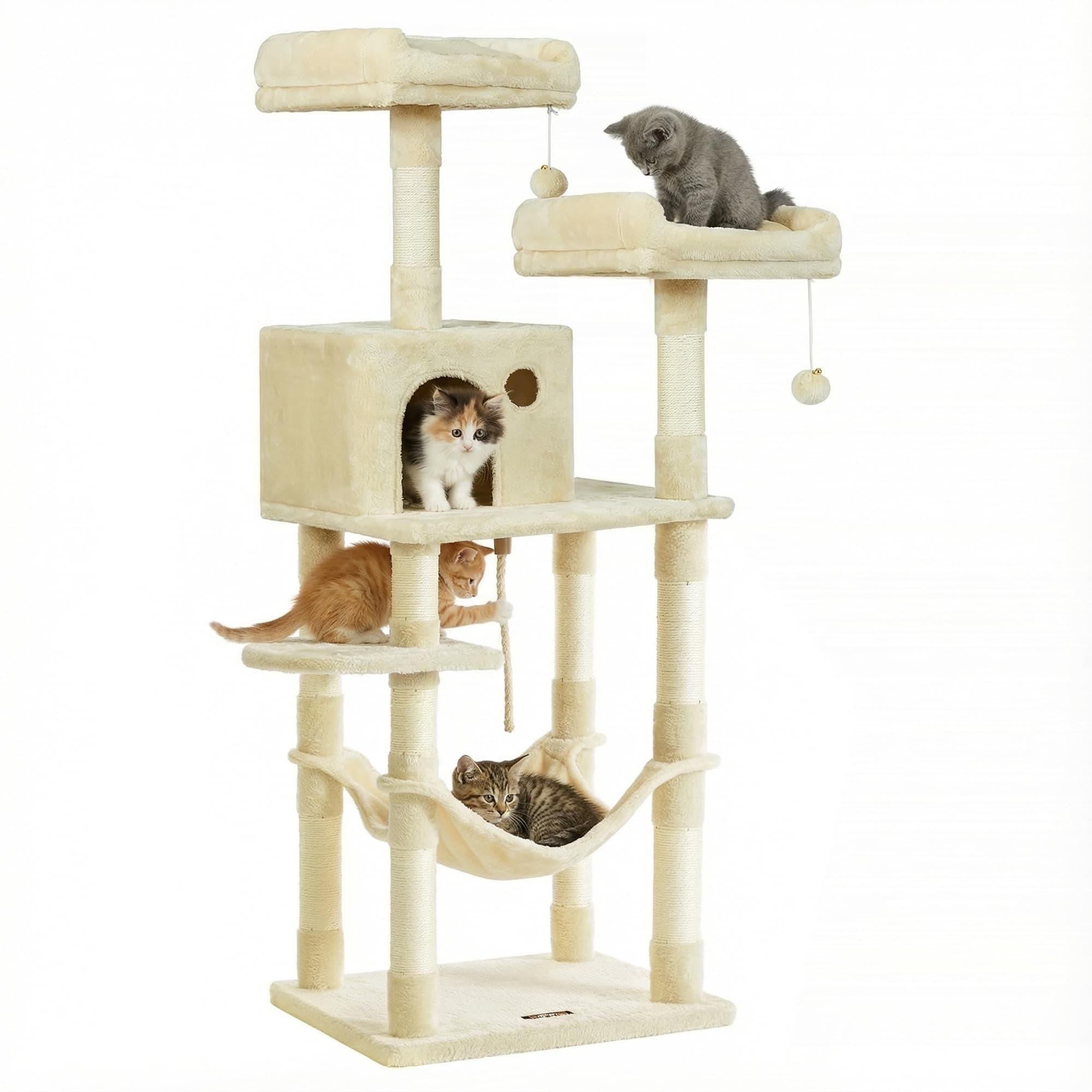 Feandrea Cat Tree, 56.3-Inch Cat Tower, Multi-Level Plush Condo with 11 Scratching Posts, 2 Perches, Hammock, Cave, Beige UPCT15BE