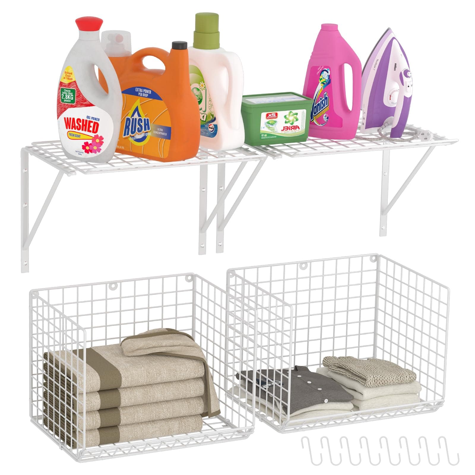 2 Pack Laundry Room Shelves Wall Mounted with Wire Baskets, Over the Washer and Dryer Shelf with Clothes Drying Rack, 8 Hooks，Wire Shelves Baskets for Laundry Closet Organization and Storage, White