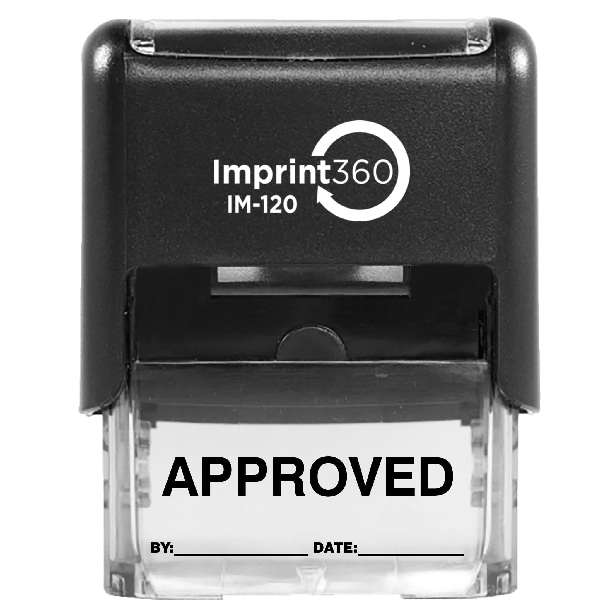 AS-IMP1102K - Approved Stamp with by: & Date:, Black Ink, Heavy Duty Commerical Self-Inking Rubber Stamp, 9/16" x 1-1/2" Impression