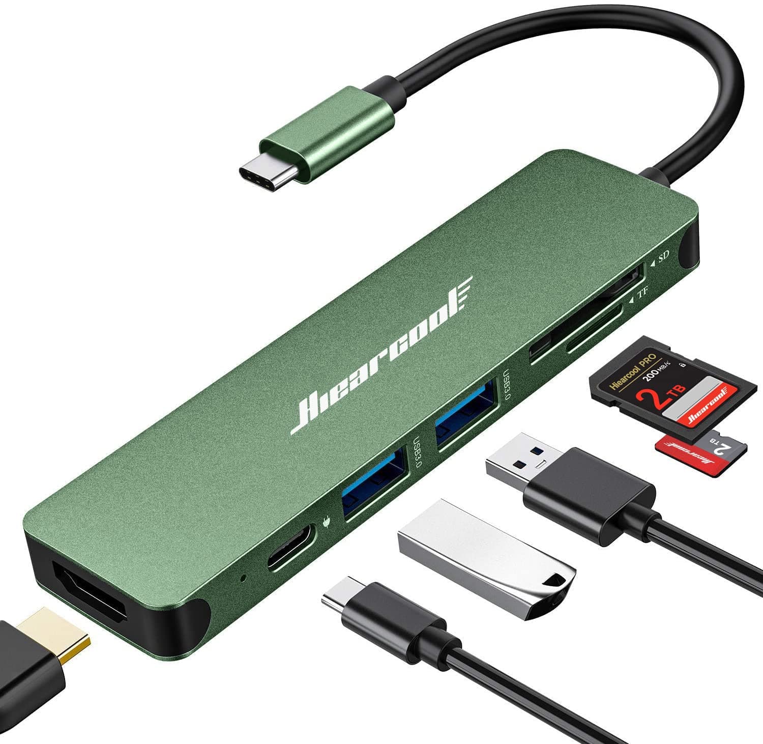Hiearcool USB C Hub, USB-C Adapter, 7 in 1 USBC to HDMI Multi-Port Adapter Dongle Compatible for Thunderbolt 3 4 MacBook Pro Air Dell Lenovo HP Laptops and Other Type C Devices-Green