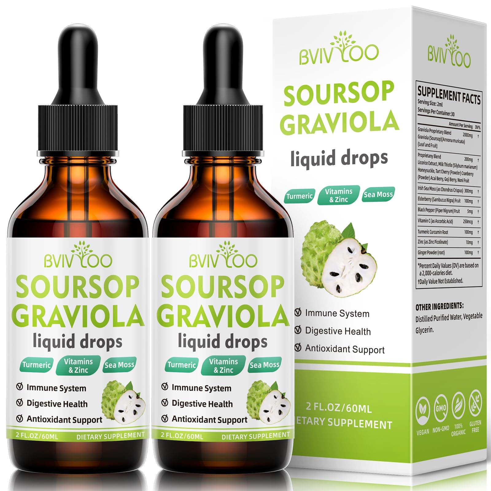 2 Pack Soursop Graviola Liquid Drops - 2000mg Pure Soursop Extract Blended with 300mg Sea Moss & 100mg Elderberry - Powerful Cell Support, Antioxidant-Rich, Immune-Boosting - 4 Fl Oz (120ml) Bottle