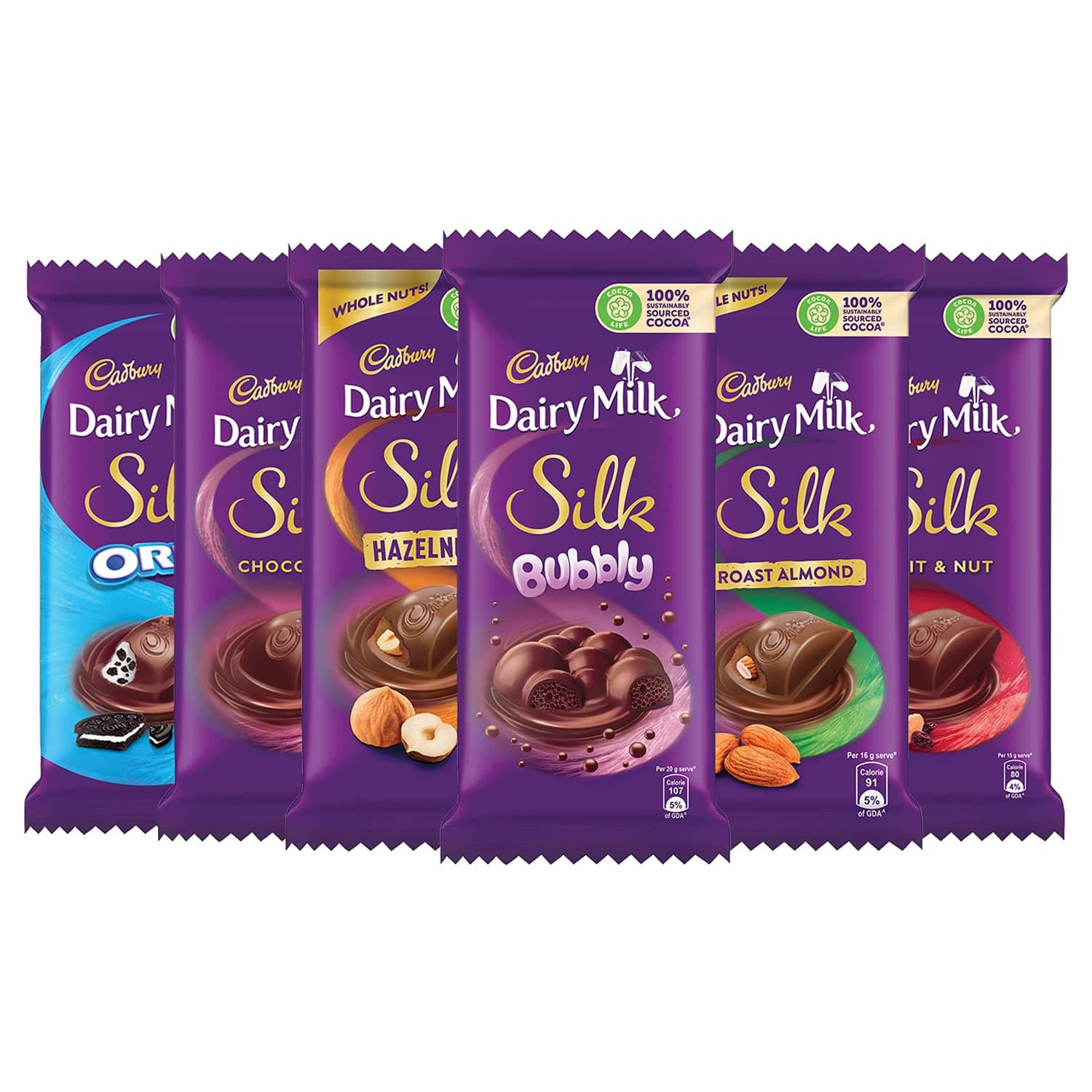 Dairy Milk Silk Large Chocolates Combo(1 X Silk Plain 150G,1 X Silk Oreo 130G,1 X Silk Bubbly 120G,1 X Silk Roast Almond 143G,1 X Silk Fruit And Nut 137G And 1 X Silk Hazelnut 143G),823 Grams