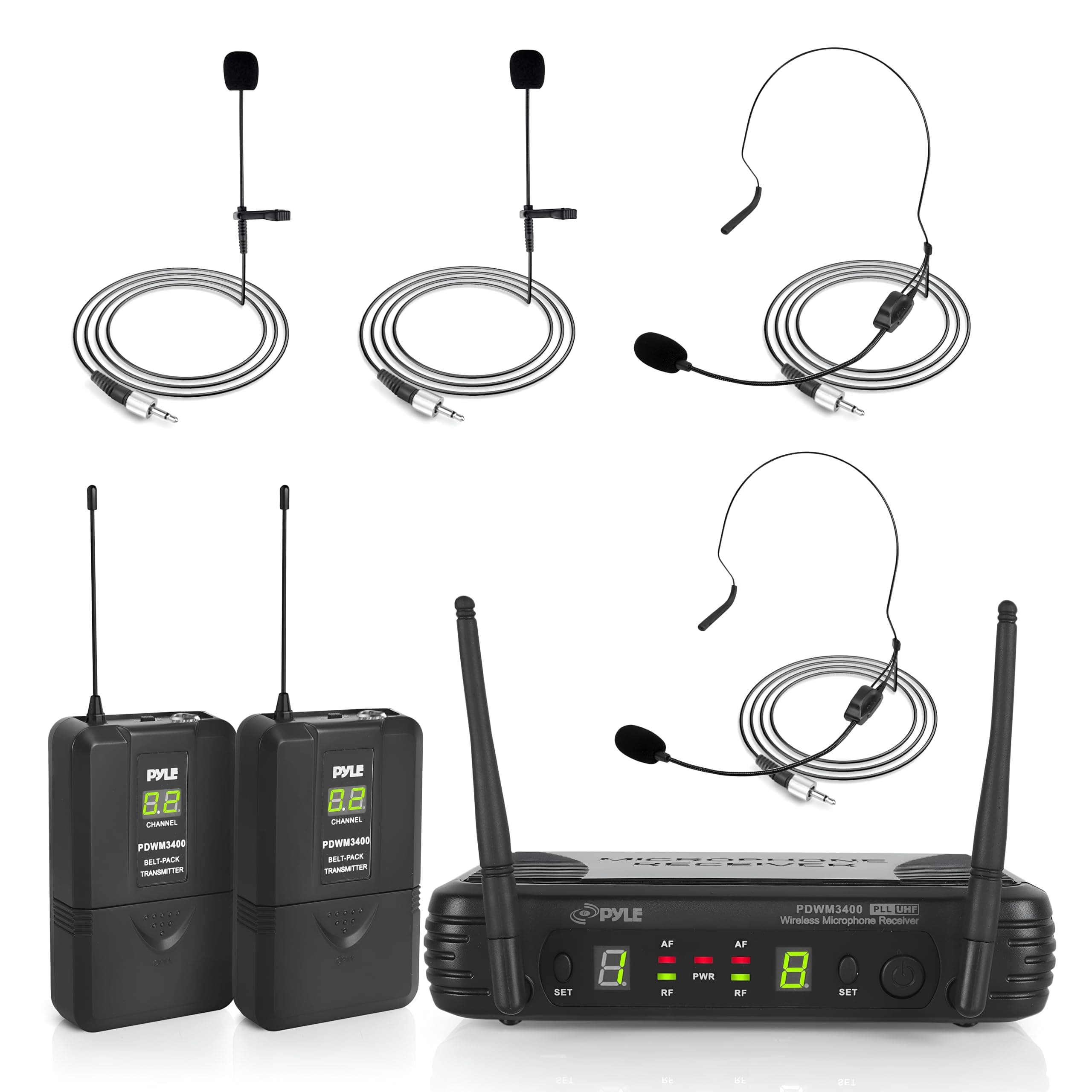 2 Channel Wireless Microphone System - Portable UHF Digital Audio Mic Set with 2 Headset, 2 Lavalier lapel, 2 Transmitter, ¼’’ cable, power adapter - For Karaoke, PA, DJ, - PDWM3400,Black