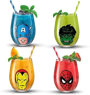 JoyJolt Marvel Heroes Stemless Drinking Glasses, 19oz Superhero Cups ft Hulk Captain America Spiderman and Iron Man, Avengers Glassware Set of 4, Marvel Gifts for Men and Women