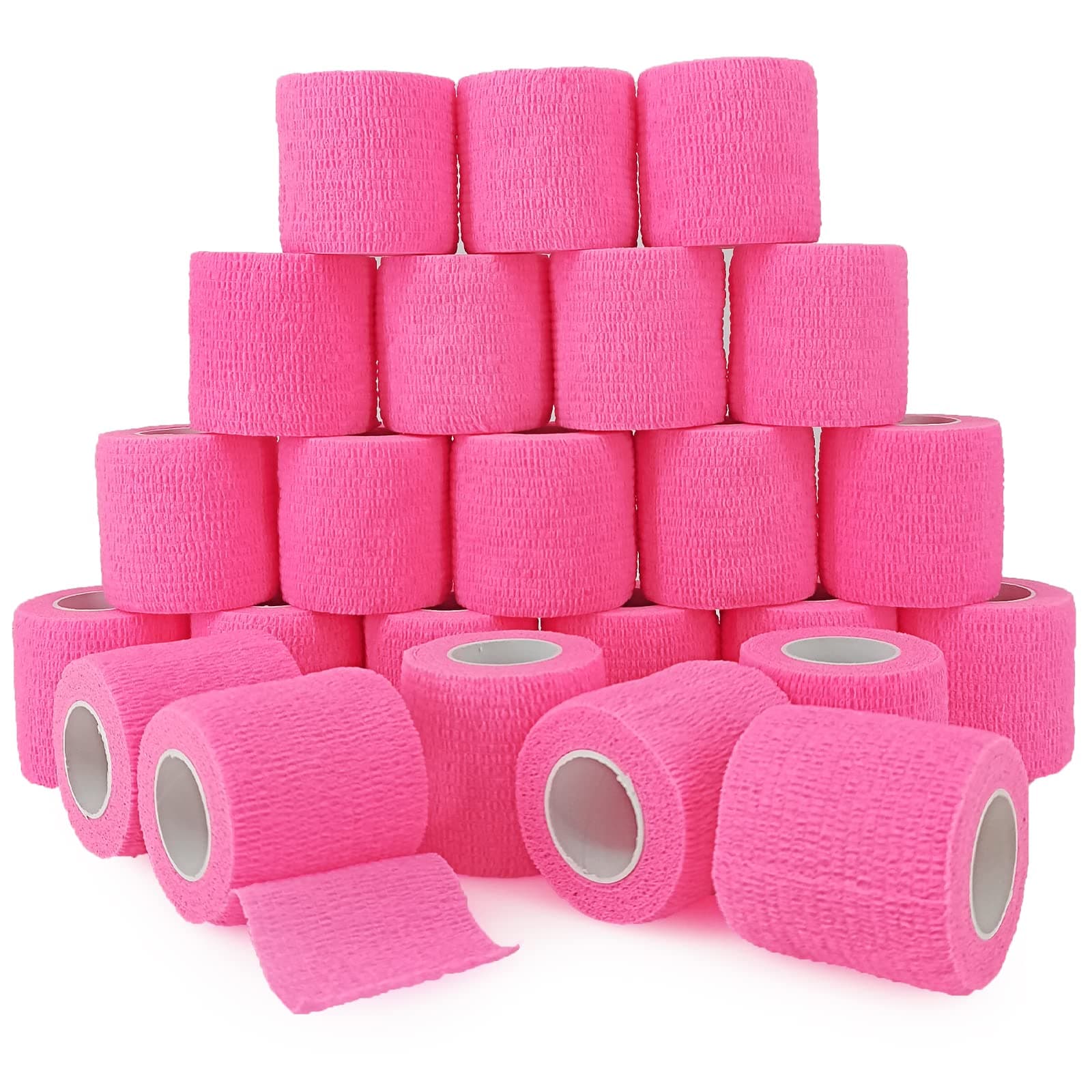 24 Pack Self Adhesive Bandage Wrap 2 Inch, Athletic Elastic Non Woven Cohesive Bandage for Sports, First Aid Medical, Wrist, Ankle Sprains, Swelling and Vet Wrap (Hot Pink)