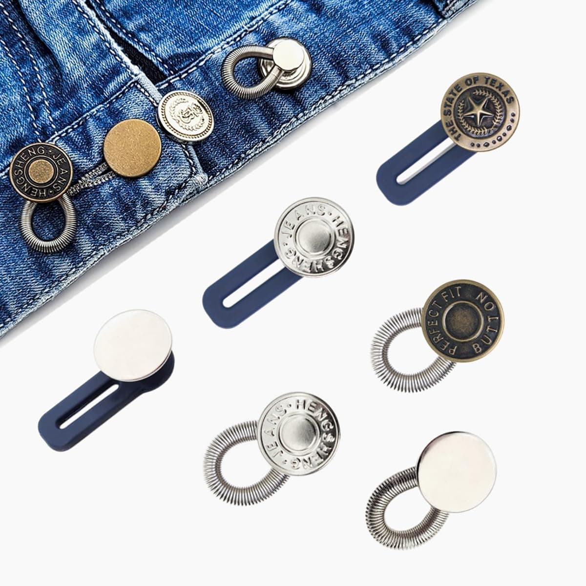 6 Pcs Extender Button Set, Adjustable Elastic Waist Extender Buttons, Invisible Collar Neck Extenders, No Sew Metal Collar Button Pregnancy Pant Extenders Elastic Spring Buttons for Jeans