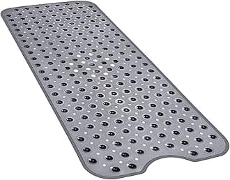 Bath and Shower Safety Mats 40x16 inch, Non Slip with Suction Cups for Bathroom Stall and Tub Floor, Extra Large and Machine Washable, Drain Holes Keep Bathtub Clean, Clear Light Black