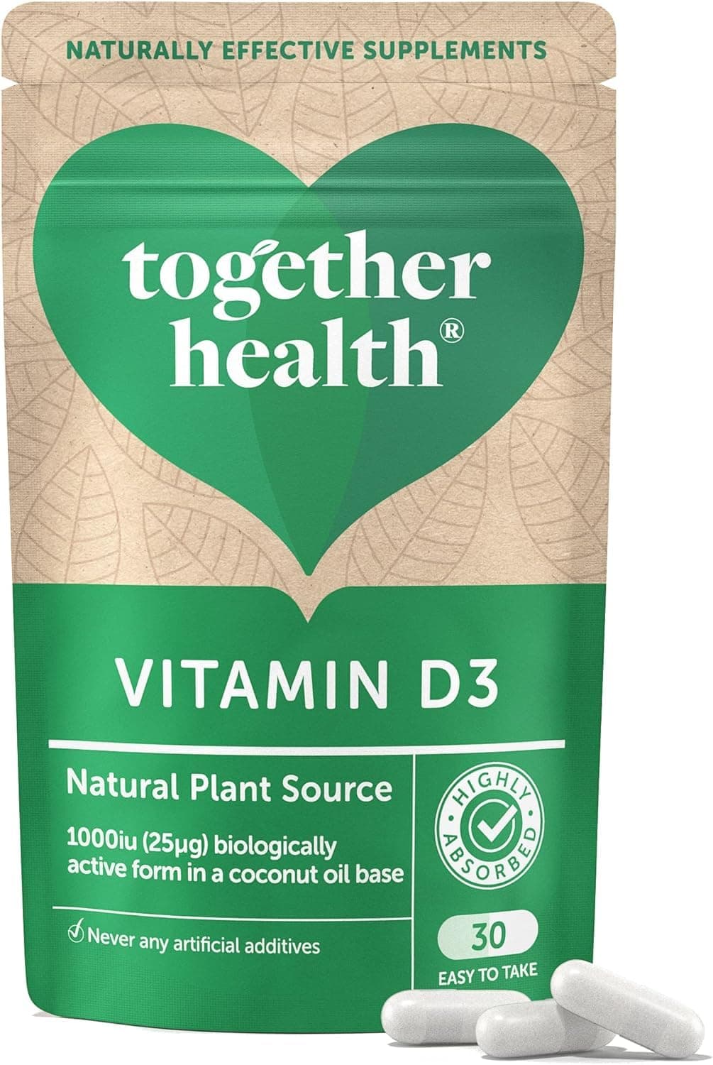 Vitamin D3 1000 iu | Better Absorbed | Natural Source | Made in The UK | Vegan Friendly | 30 Capsules | Together Health