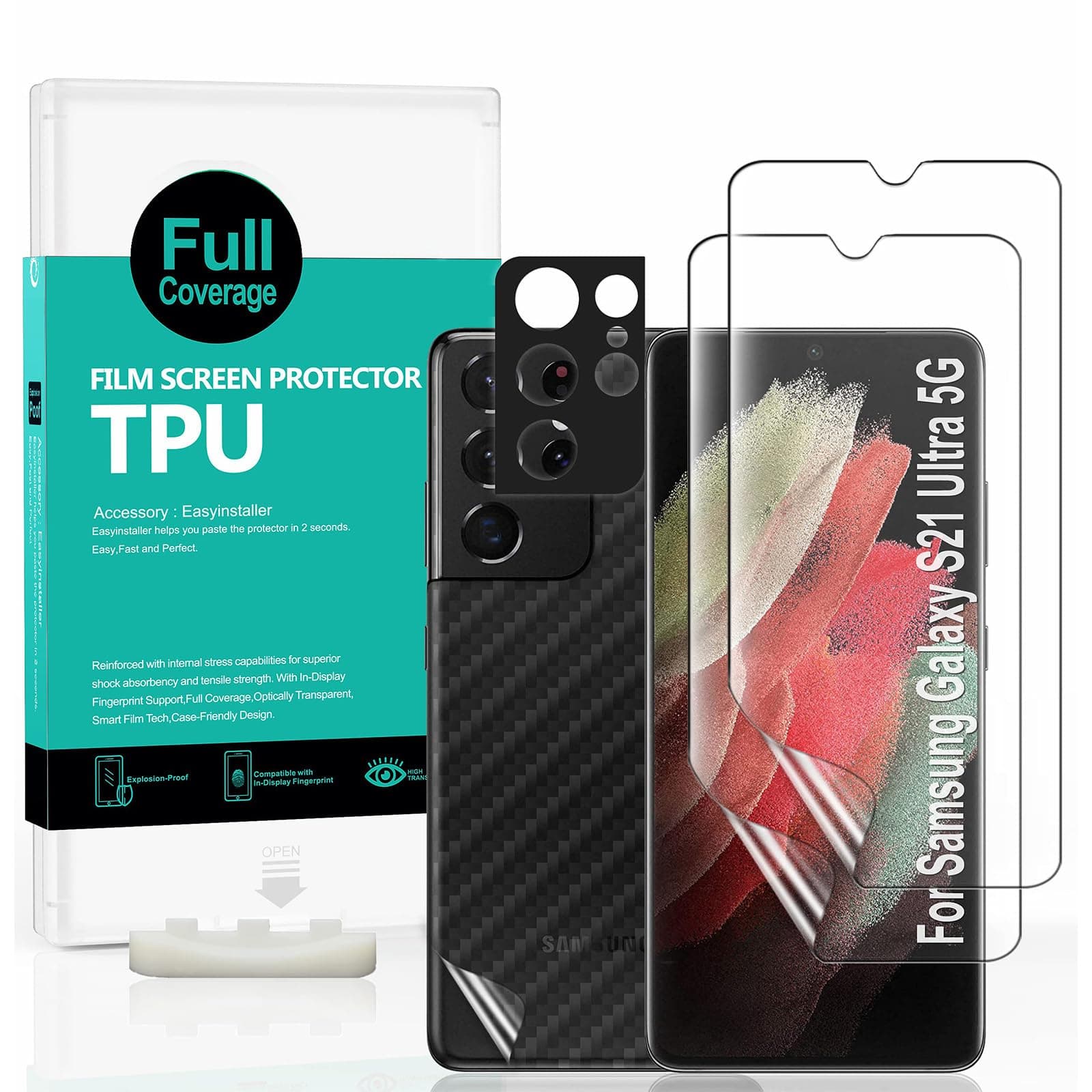 2 Pcs Screen Protector For Samsung Galaxy S21 Ultra(5G),Flexible TPU Film,With 1Pc Camera Lens Protector,1Pc Back Film,Bubble Free,Easy To Install