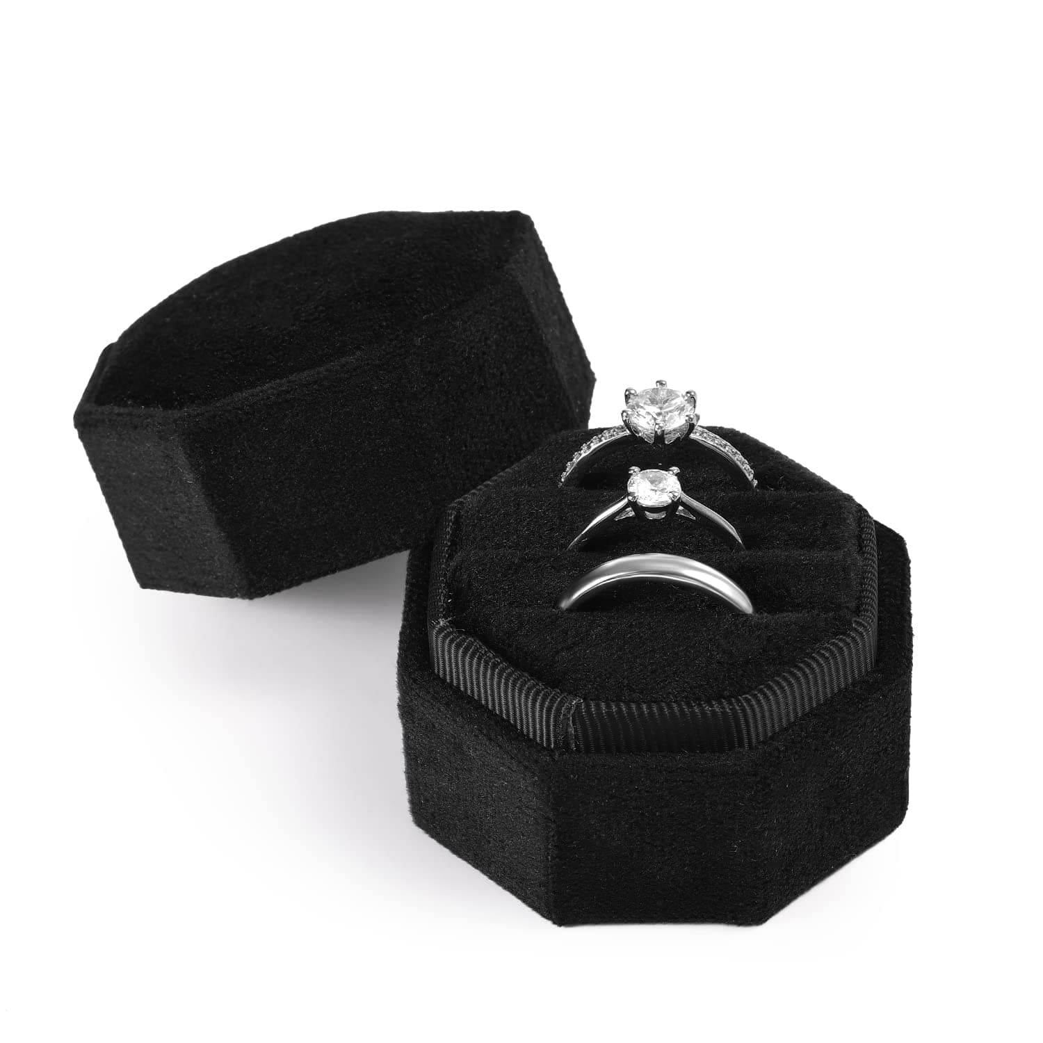 BOXOBBOXOB Velvet Ring Box for Wedding Ceremony, 3 Slots Octagonal Velvet Jewelry Ring Box for Proposal Engagement Wedding B13221 0