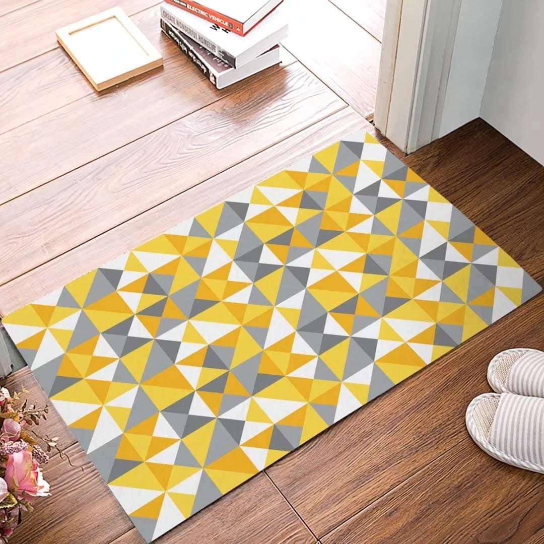 Decams Geometric Triangle Pattern Modern Door Mat Indoor Outdoor Non-Skid/Slip Rubber Back Entrance Rugs(Yellow Gold & Grey)