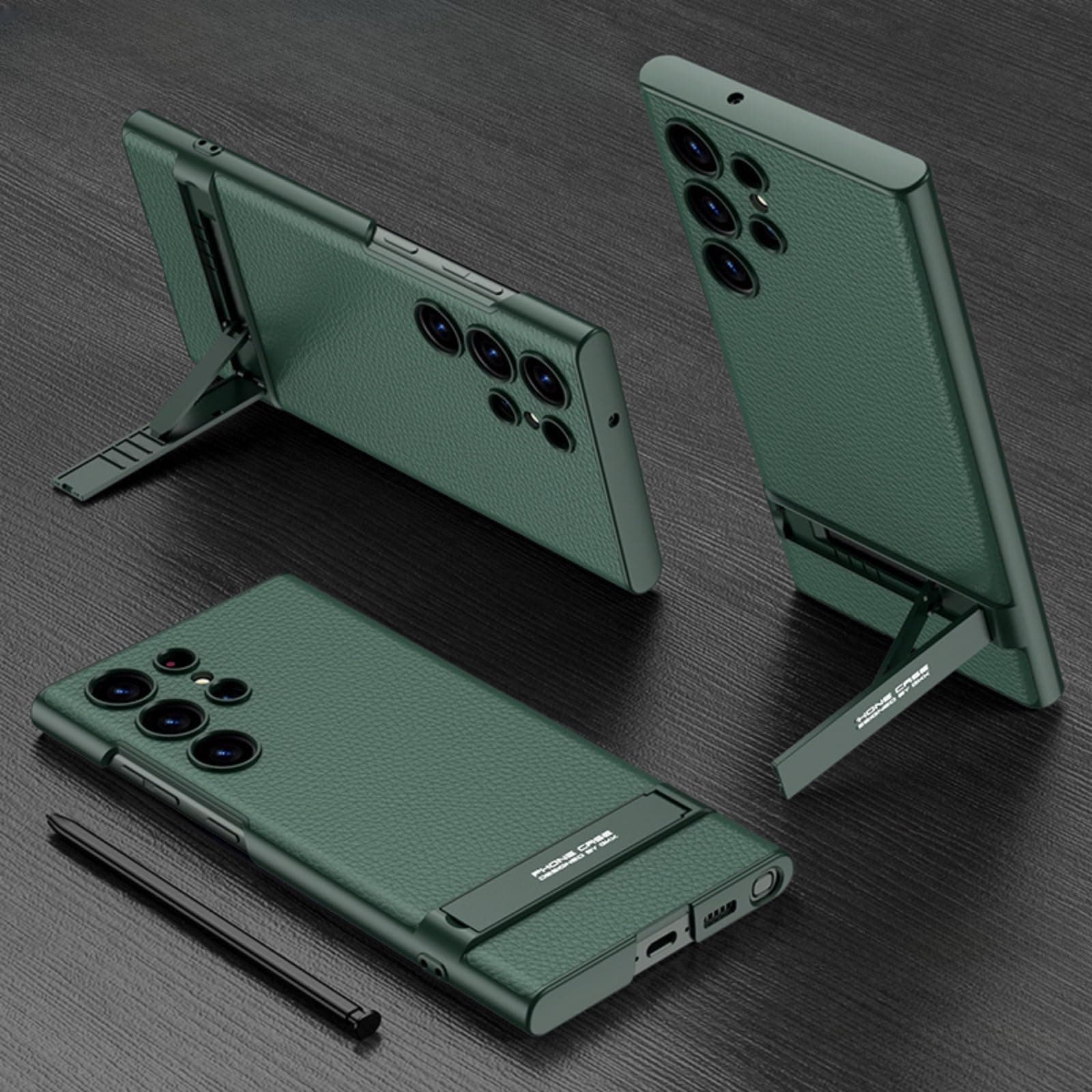 Suitable for Samsung Galaxy S23 Ultra Mobile Phone case Plain Leather Ultra-Thin Bracket fine Hole Anti-Drop Protective case(no Pen) (Green,S23 Ultra)