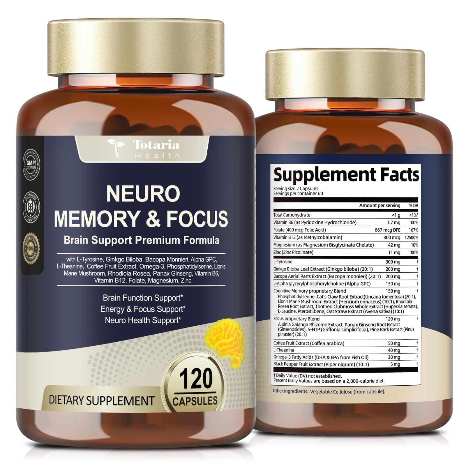 Brain Supplements for Memory and Focus, Brain Health with L-Tyrosine, Alpha GPC, Ginkgo Biloba, Bacopa Monnieri, Nootropic Cognitive Support - Non-GMO, Gluten Free (120 Counts)