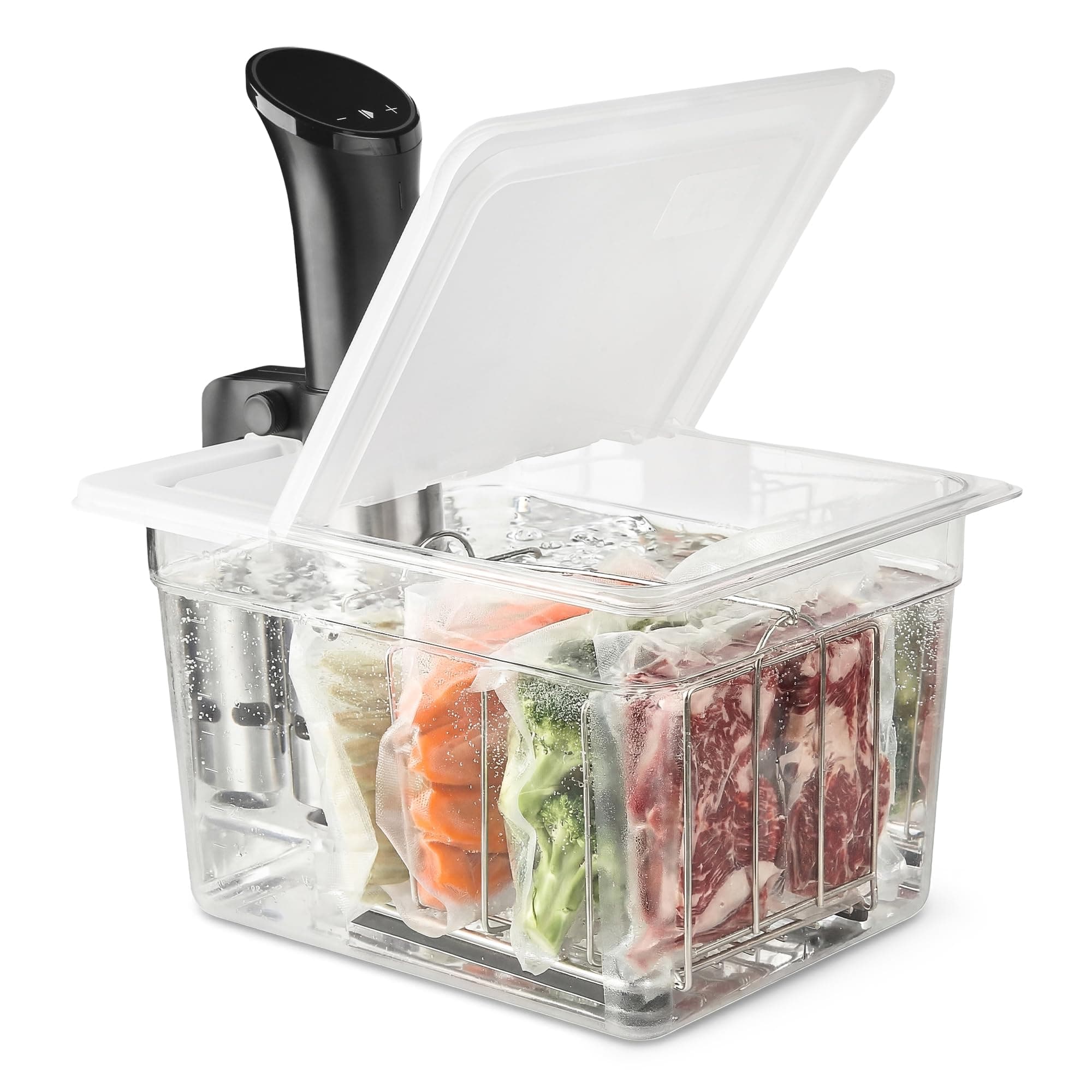 12 Quart Sous Vide Container with Collapsible Hinged Lid + Wobble-Free Stainless Steel Rack Divider— NSF Approved Container, BPA-Free Lid, Compatible with Anova and Instant Pot