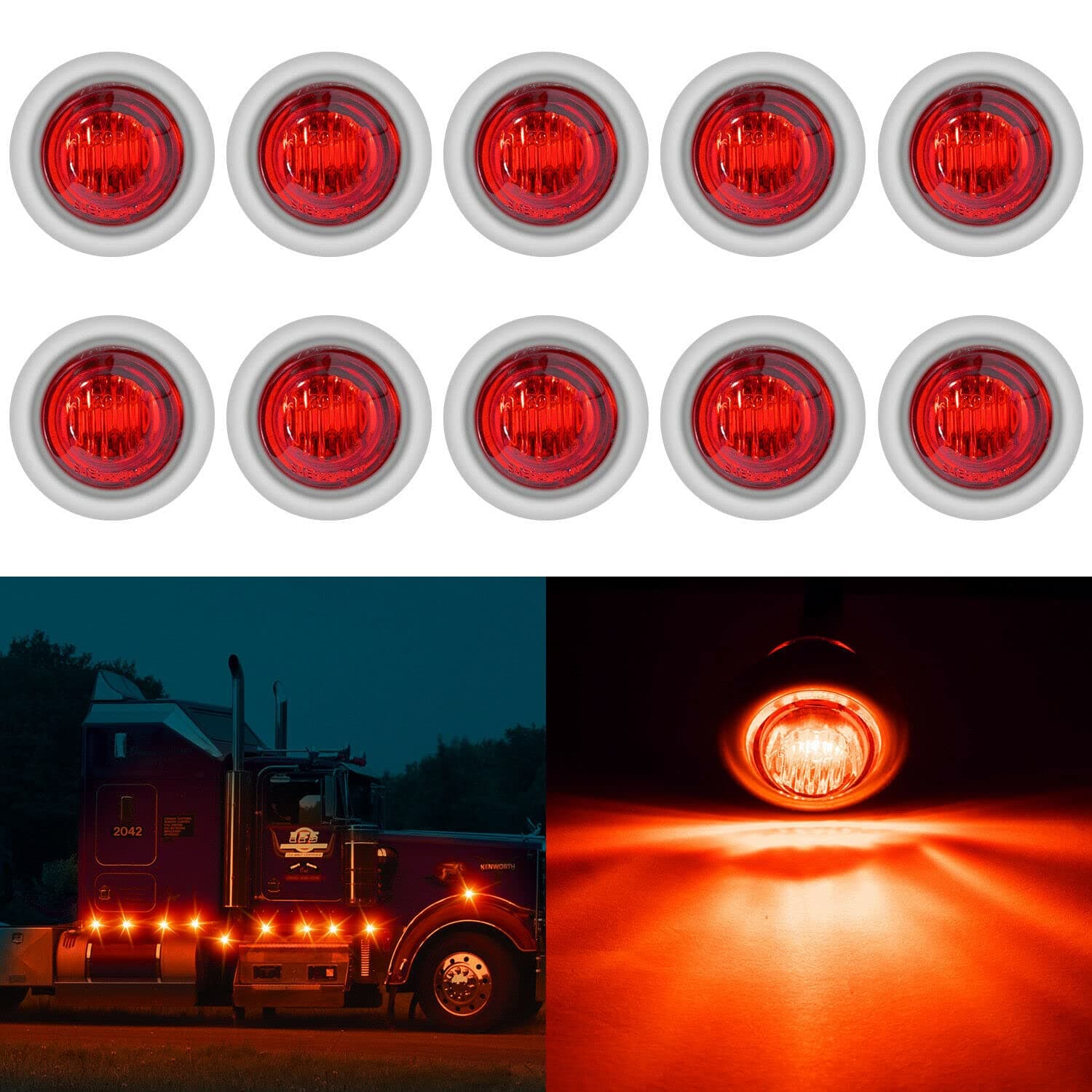 10PCS Sealed Waterproof 3/4” Red Mini Round Clearance LED Front Rear Side Indicator Bullet Grommet Marker Light With 304 Stainless Steel Base for Truck RV Car Bus Trailer Pickup Van Caravan Boat