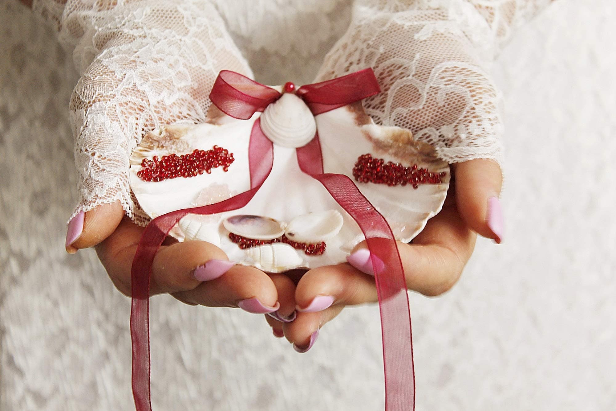 Burgundy Beach Wedding Seashell Ring Holder, Ring Bearer Shell, Exotic Ring Bearer