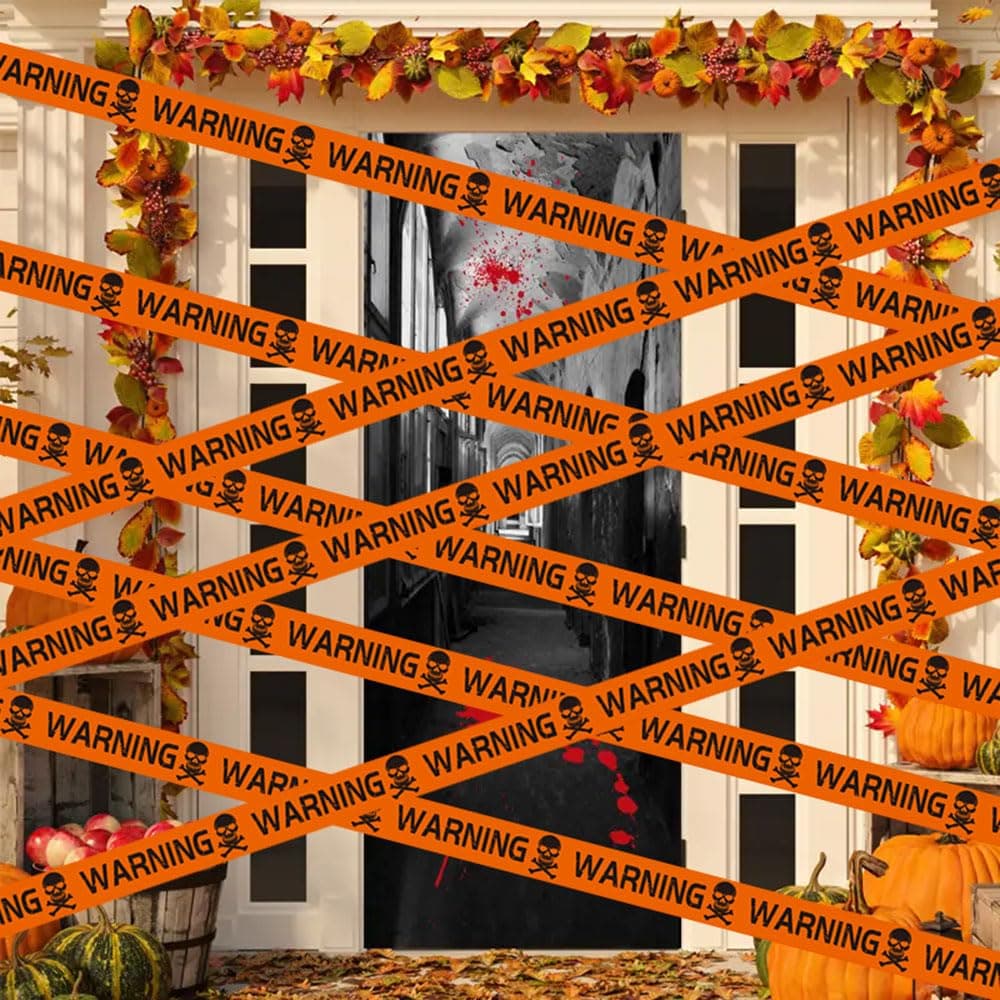 IEW Halloween Decorations Caution Tape, 4Pcs 6-Meter Orange Skull Warning Tape, Halloween Zombie Party Decorative Scary Barrier Tape Props, Halloween Decorations Outdoor Indoor Warning Banners