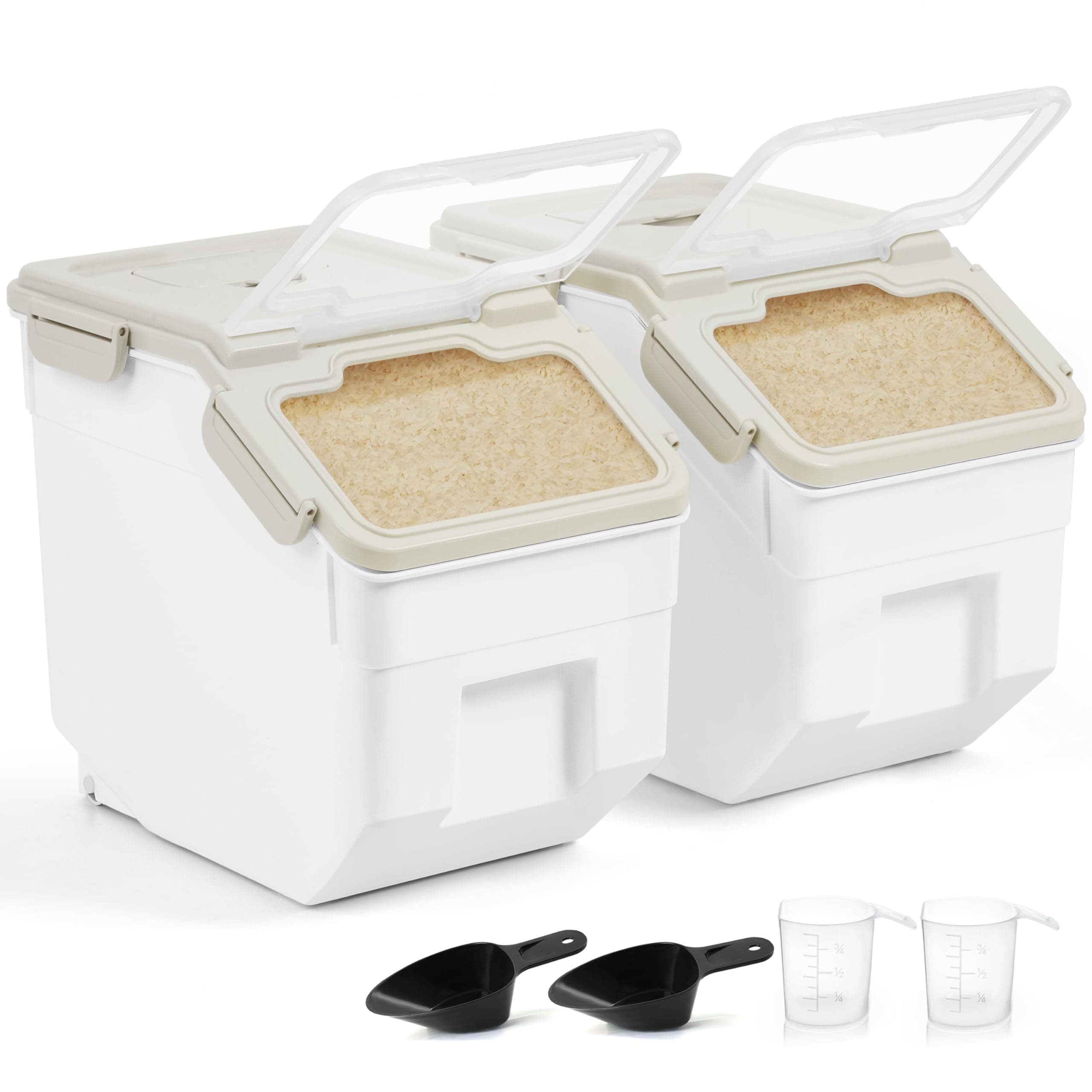 About Space 10-Kg Rice Container (2 Pack) Airtight Storage With Measuring Cup & Shovel-Rice Barrel Dispenser-Moisture Proof Kitchen Organiser For Cereals,Pulses-Plastic,White
