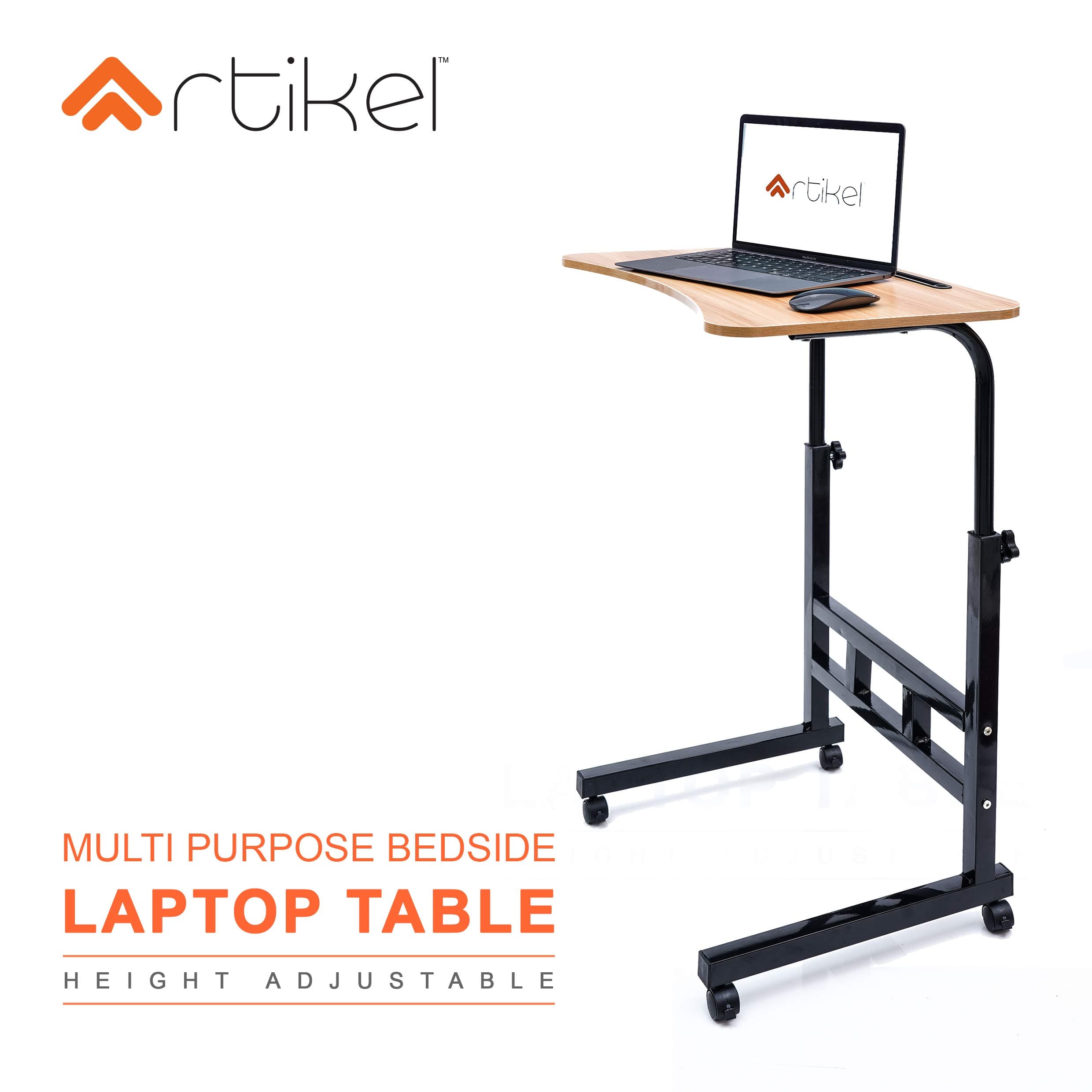 Artikel® Multi-Purpose Laptop Table with Dock Stand | Height Adjustable | Ergonomic & Rounded Edges | Portable Legs with Wheels | Metal & Engineered Wood | Hard Maple Wood