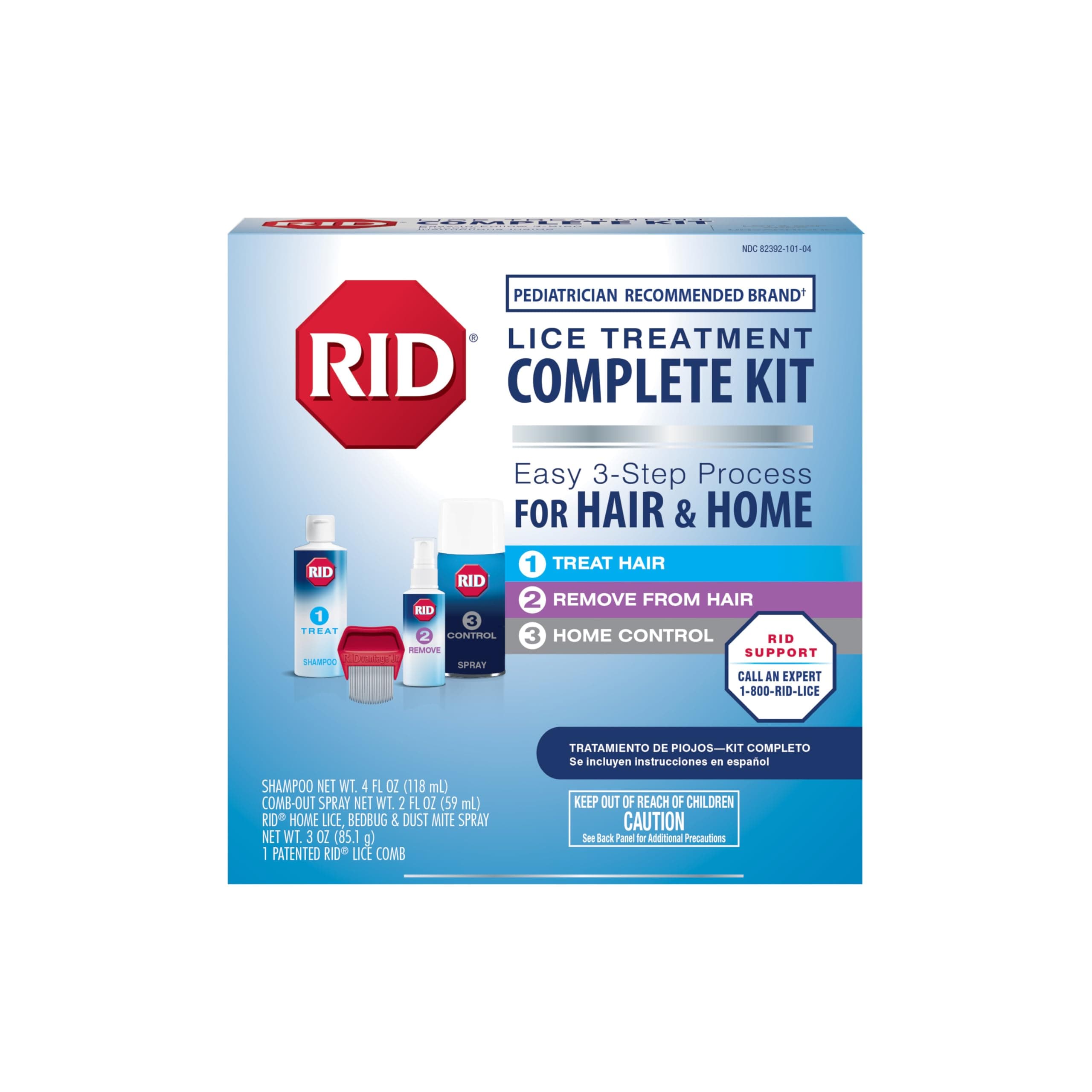 RID Lice Treatment Complete Kit Includes Fluid Ounces Lice Killing Shampoo 2 Fluid Ounces Lice and Egg CombOut Spray Lice Comb and 3 Ounces Home Lice Bedbug Dust Mite Home Spray, 4 Piece Set, 1 Count