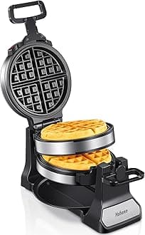 Belgian Waffle Maker, Classic Rotating Waffle Iron with Nonstick Plates, Removable Drip Tray and Cool Touch Handles, Double Flip Waffle, Rotating Belgium Waflera Maker by Yabano, Brushed Stainless