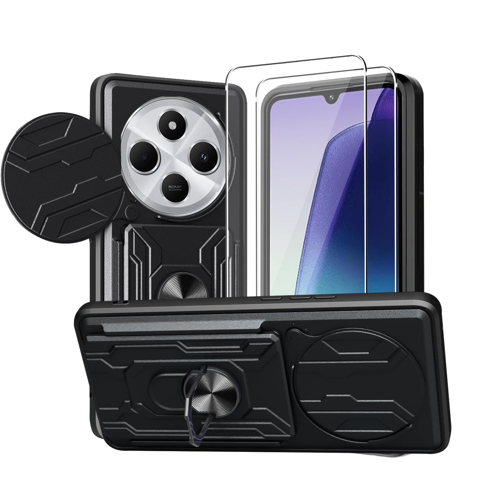 KZIOACSH Case for Xiaomi Redmi 14C 4G/POCO C75/Redmi A4 5G, Military-Grade Shockproof [Built-in Kickstand][Slide Camera Cover][Removable Card Holder] Anti-Scratch Bumper Cover with 2 Tempered Glass