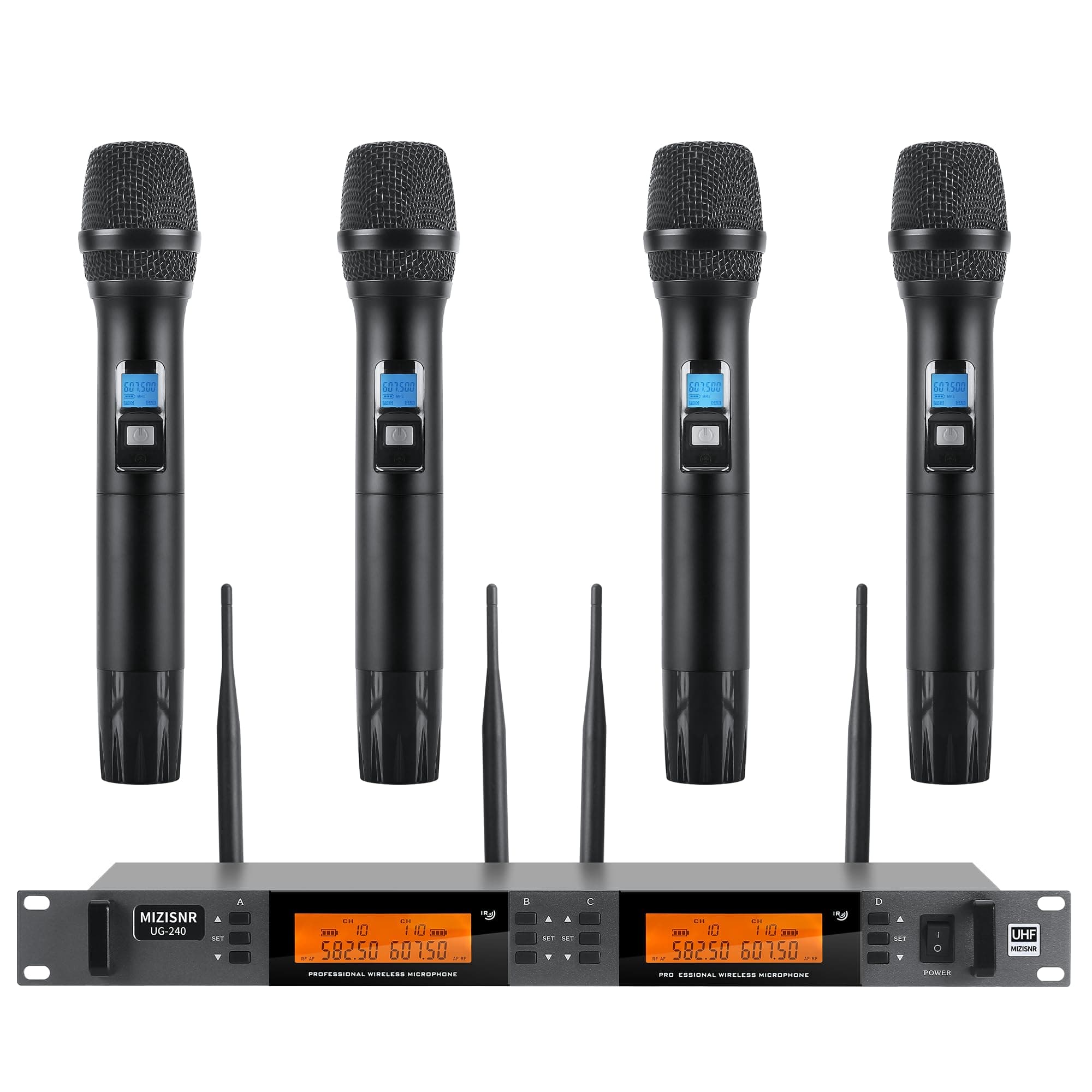 Wireless Microphone System 4 Channel, UHF Metal Cordless Handheld Mics Set - 200 Adjustable Frequencies, Auto Scan & Memory Function, 300ft Range, Ideal for Karaoke Church Wedding(UG-240