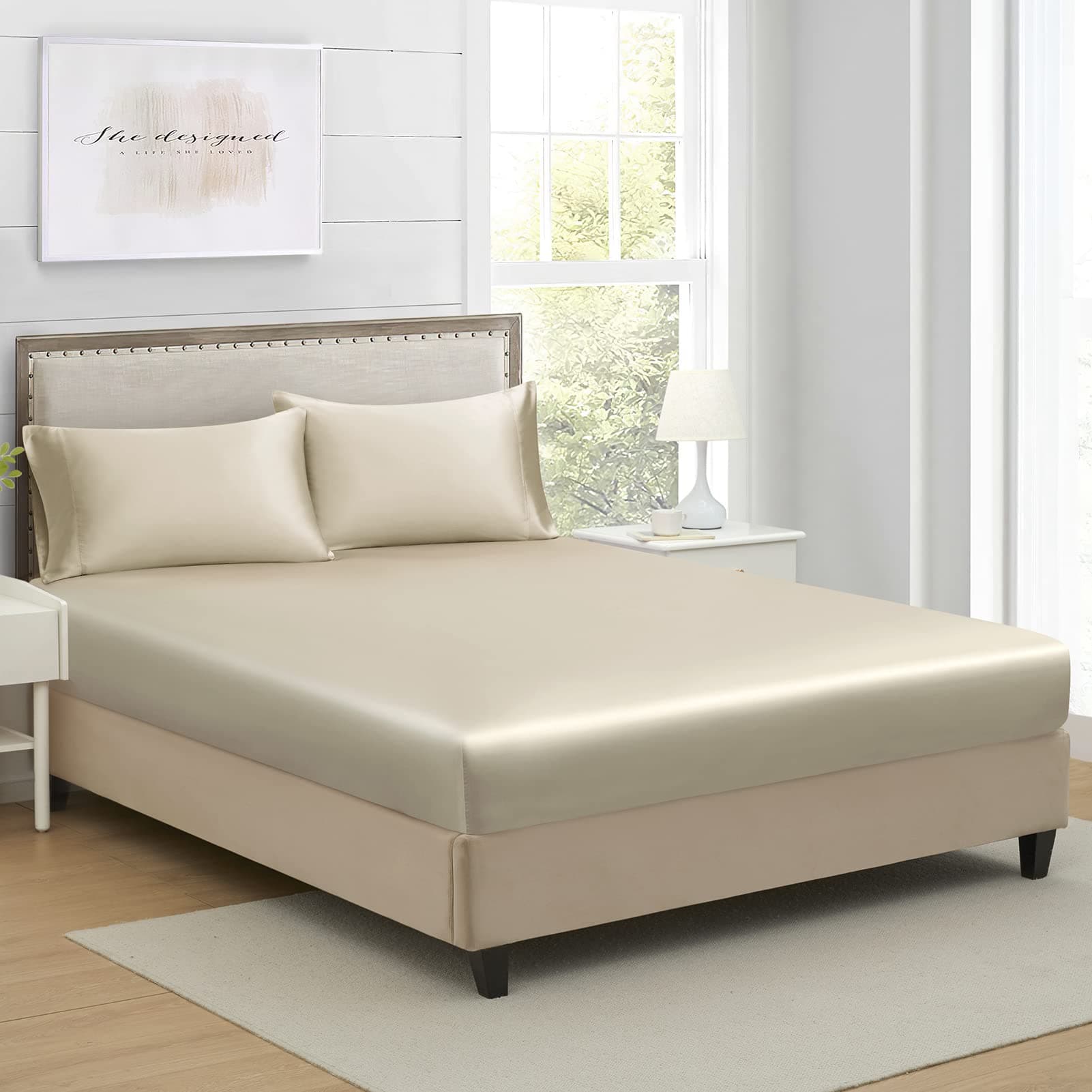 King Silk Satin Fitted Sheet, Soft Deep Pocket Single Bottom Bed Sheets Sold Separately, Wrinkle Free, Non- Fading, Breathable, Fully Elasticized(King Size, Taupe)