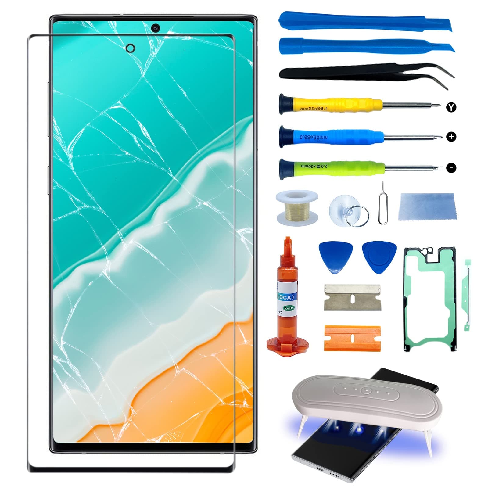 for Samsung Galaxy Note 10 Plus Front Glass Repair Kit Screen Replacement 6.8 inch Outer Screen Glass incl Waterpoof Frame Adhesive,Repair Glue and Lamp Tool (No Digitizer,No LCD)