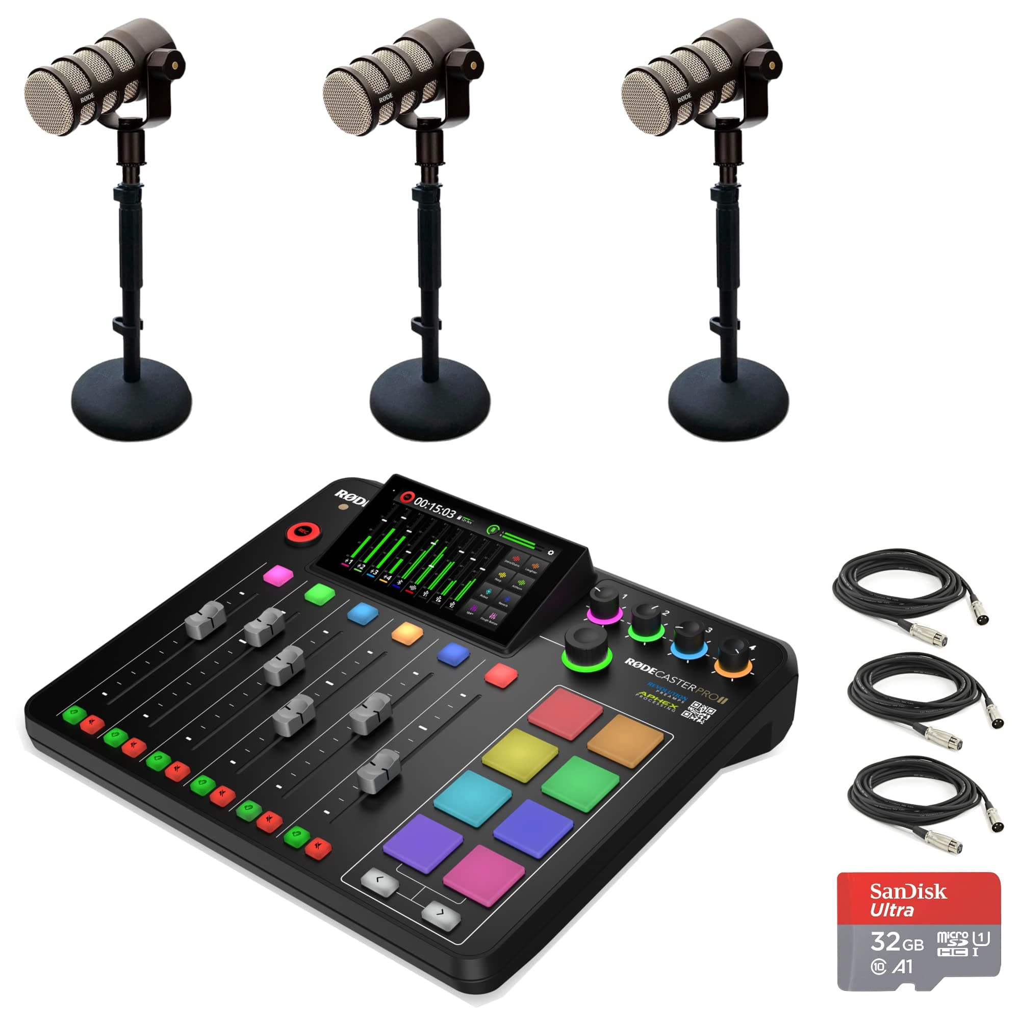 Rode RODECaster Pro II Integrated Audio Production Console with 3x Rode PodMic Dynamic Podcasting Microphones, DS1 Desktop Mic Stands, 32GB microSD Card, XLR Cables and StreamEye Cloth