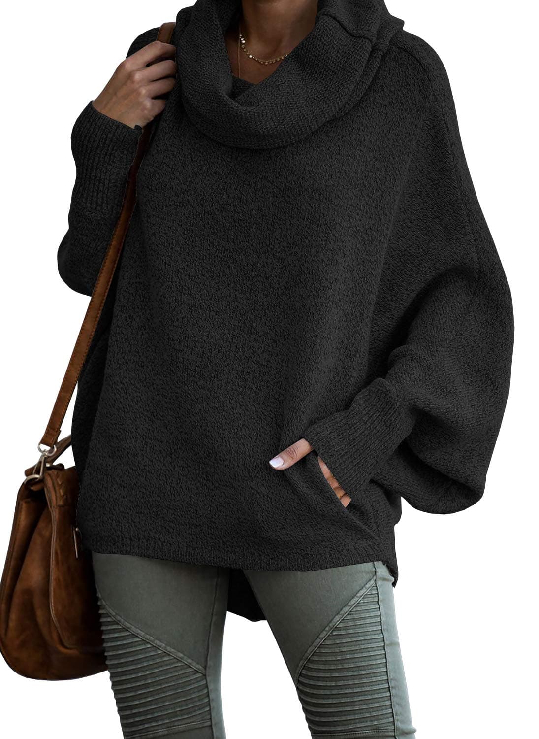 Womens Cowl Neck Pullover Sweaters with Pockets Lantern Long Sleeve Knit Casual Loose Bat Tunic Jumper Tops