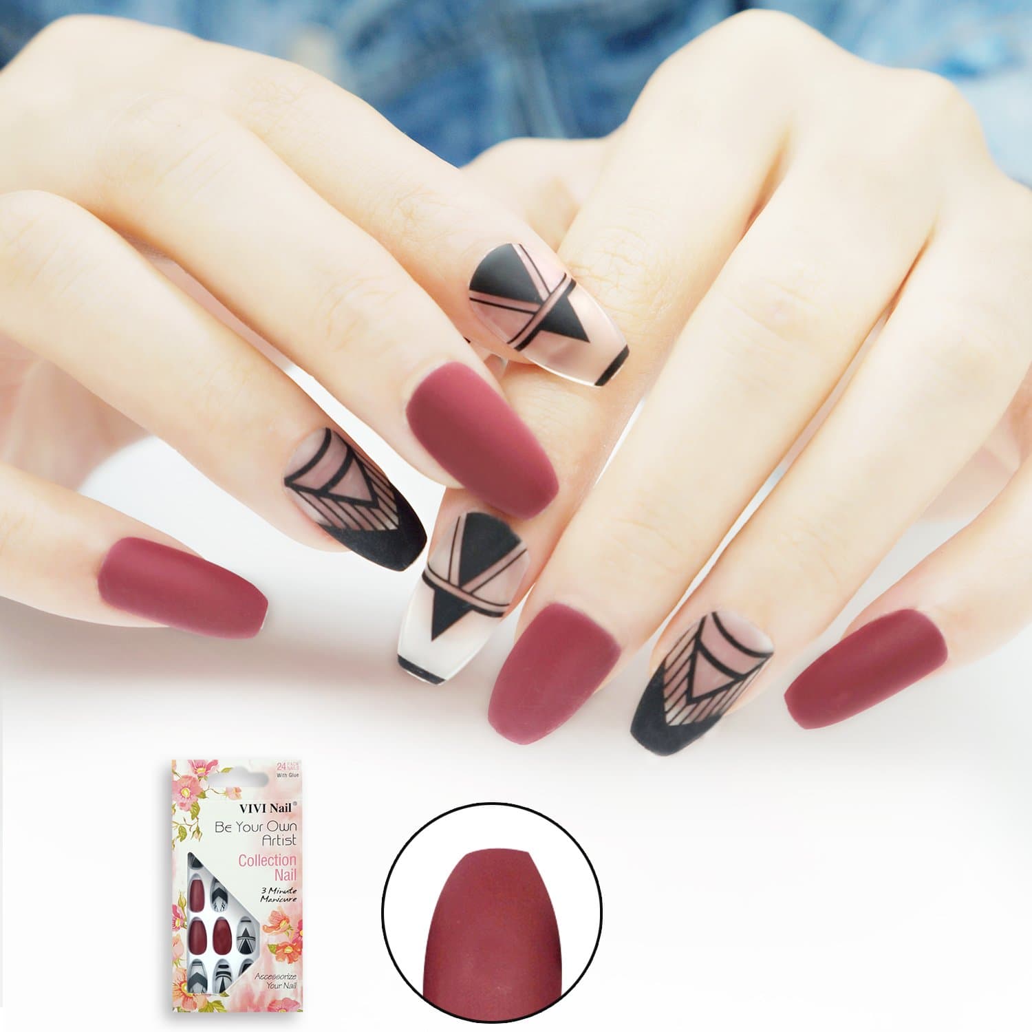 Coffin False Nails with Design Matte Nails 24 Pieces Full Cover Girls Ballerina Fake Nails