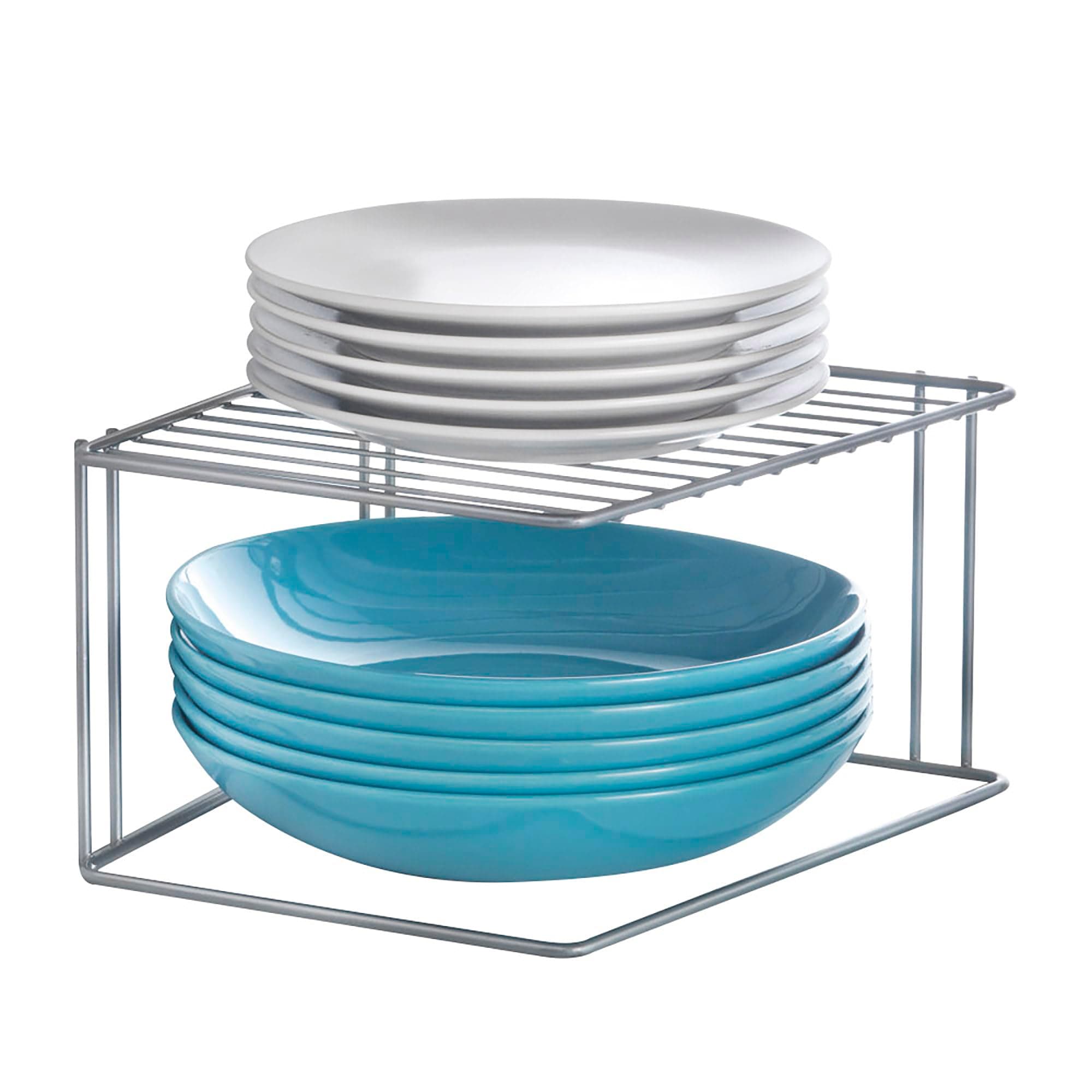 Metaltex Boxe 1-Tier Corner Shelf - Multipurpose Single Plate Rack for Kitchen Essentials - Space-saving Organiser for Cabinets - Polytherm Metallic Silver, 25 x 25 x 15 Centimetres