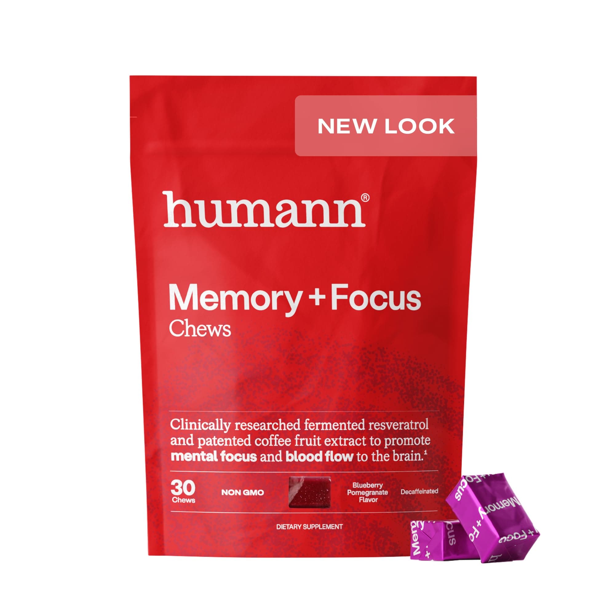 Humann Memory and Focus Chews, Brain Supplement for Mental Alertness with Beet Root Powder, Clinically Studied Nootropics, Resveratrol Plus Beet Root Powder, Blueberry Pomegranate Flavor, 30 Count