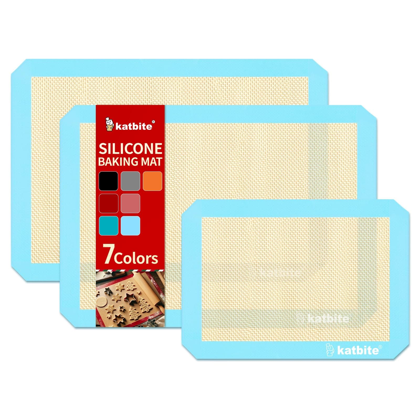 Katbite Silicone Baking Mat Colorful Collection - Set of 3: 2 Half Sheets Mats (11 5/8" x 16 1/2") + 1 Quarter Baking Sheet, Reusable & Nonstick Bakeware Mats for Cookies, Macarons, Bread (Light Blue)