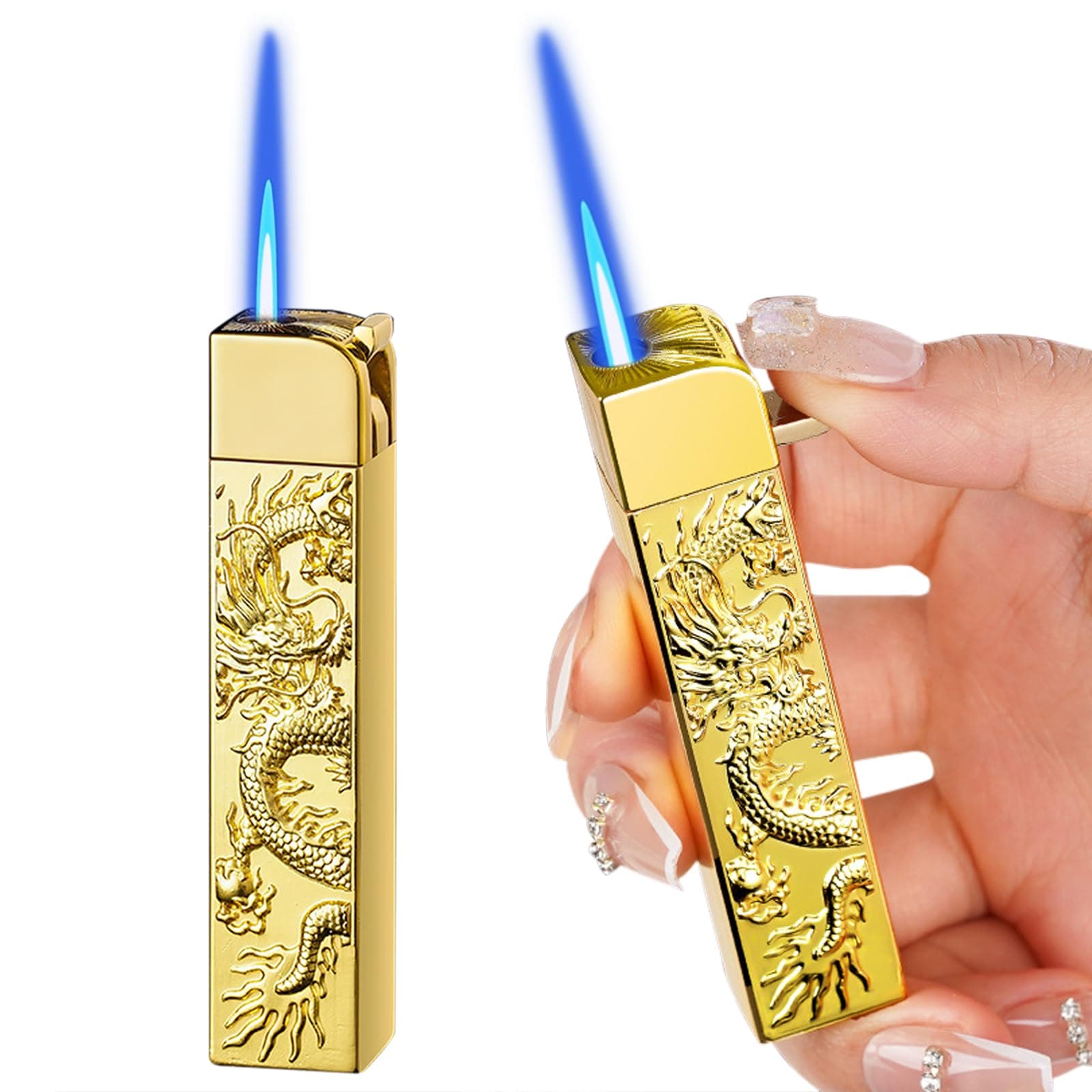 YANGVVIATorch Lighter,Relief Dragon Design Jet Flame Lighter with Adjusting Tool,Creative Windproof Visible Fuel Window,Cool Refillable Butane for Outdoor Indoor Gifts-Gold