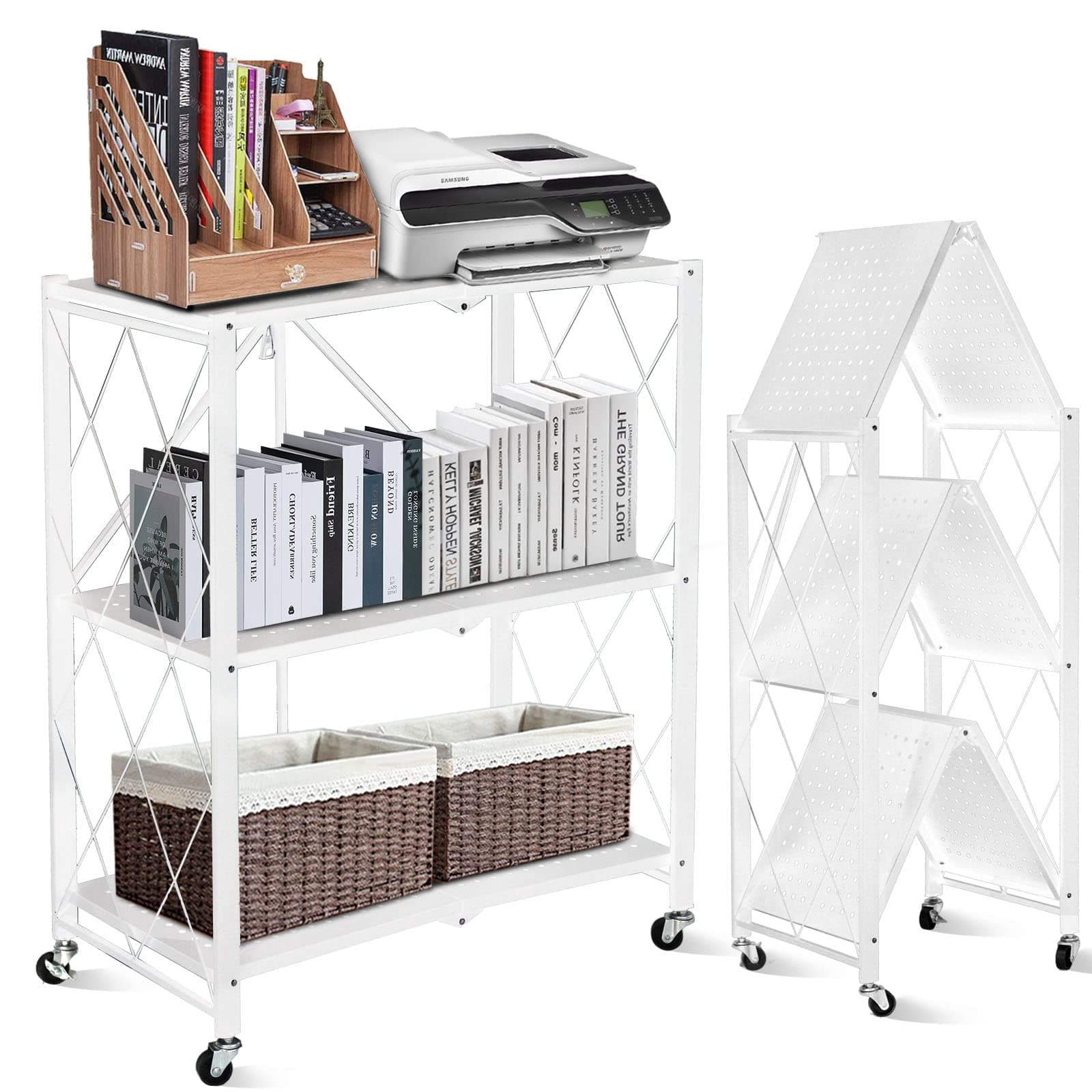 SKY-TOUCH Shelf Foldable Storage Shelving Unit 3 Tier, Storage Shelves Kitchen Cabinet Storage Rack with Caster Wheels, Multi-Shelf Foldable Storage Shelves for Living Room Bedroom Kitchen,white