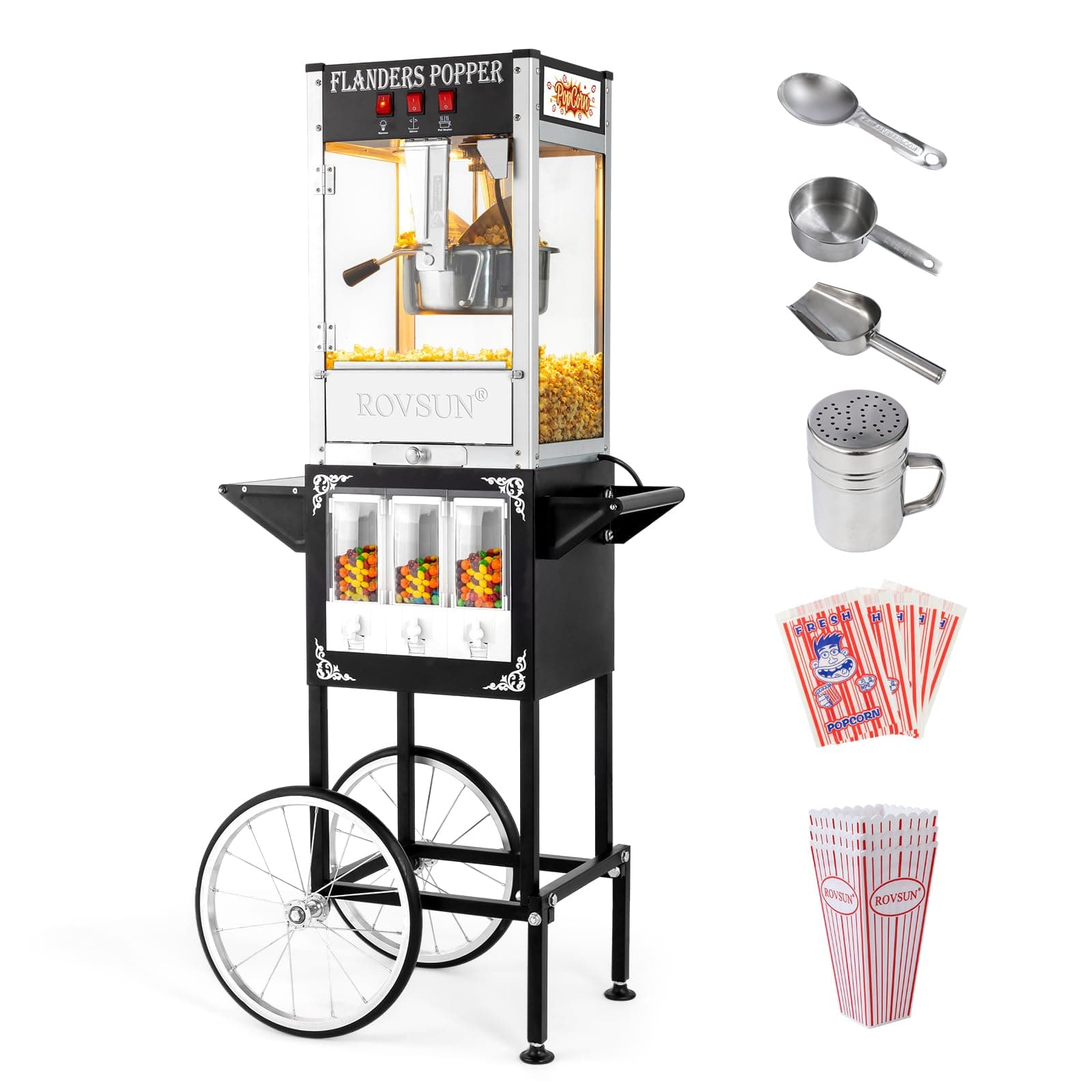 Popcorn Machine Cart with Candy Dispenser, 8 Oz Kettle Makes Up to 32 Cups ETL, Vintage Popcorn Maker w/Scoop, Oil Spoon, Bags & Cups, Movie Theater Style Popper for Commercial Home, Black