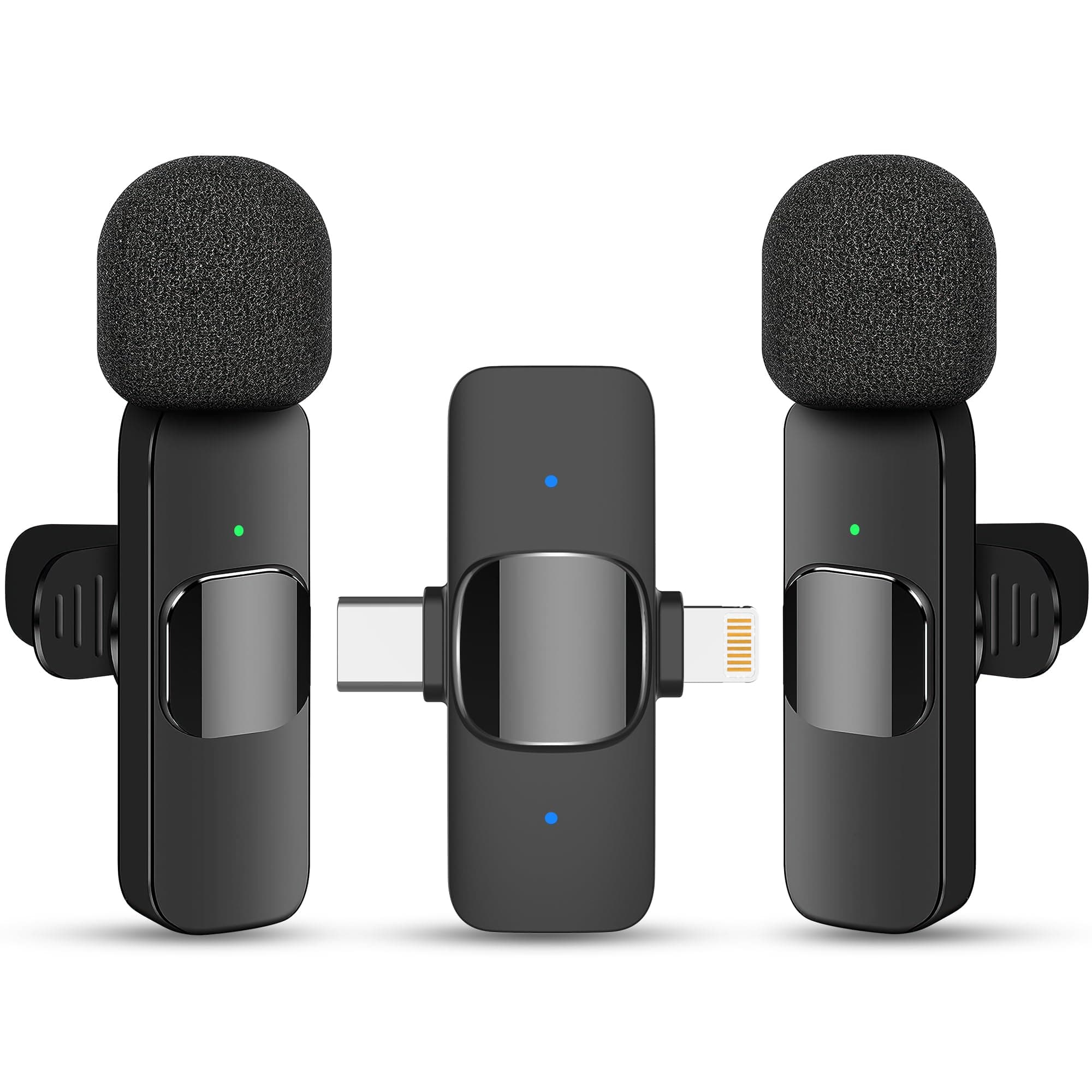 2 in 1 Wireless Lavalier Microphone for iPhone iPad and Android Phone, Plug and Play Laple Mics with Noise Reduction, 65FT Range, Real-Time Sync Microphone for Video Recording, Streaming, Interviews