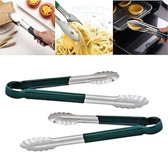 THW 12 Inch Stainless Steel Utility Tongs with Green Vinyl Coated Handle- Heavy Duty Long Kitchen Tongs for Barbecue Grilling Cooking Roasting Serving Buffet Salad Ice Oven, Pack of 2 Pieces