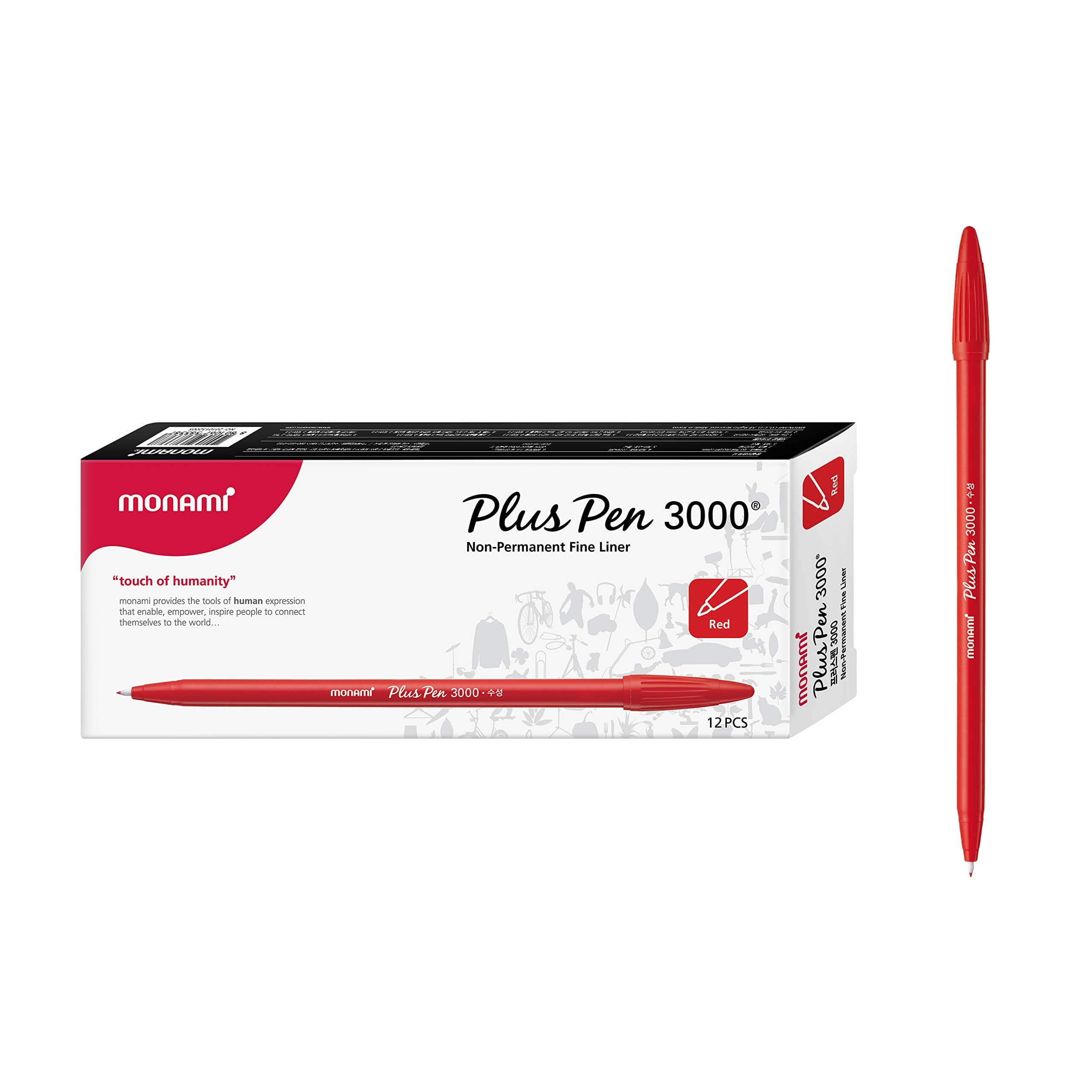 Plus Pen 3000 Felt Tip Pens, Fine Point (0.4mm), Fine Liner, Writing/Journaling/Note Taking at home, school and office, Red, 12-Count