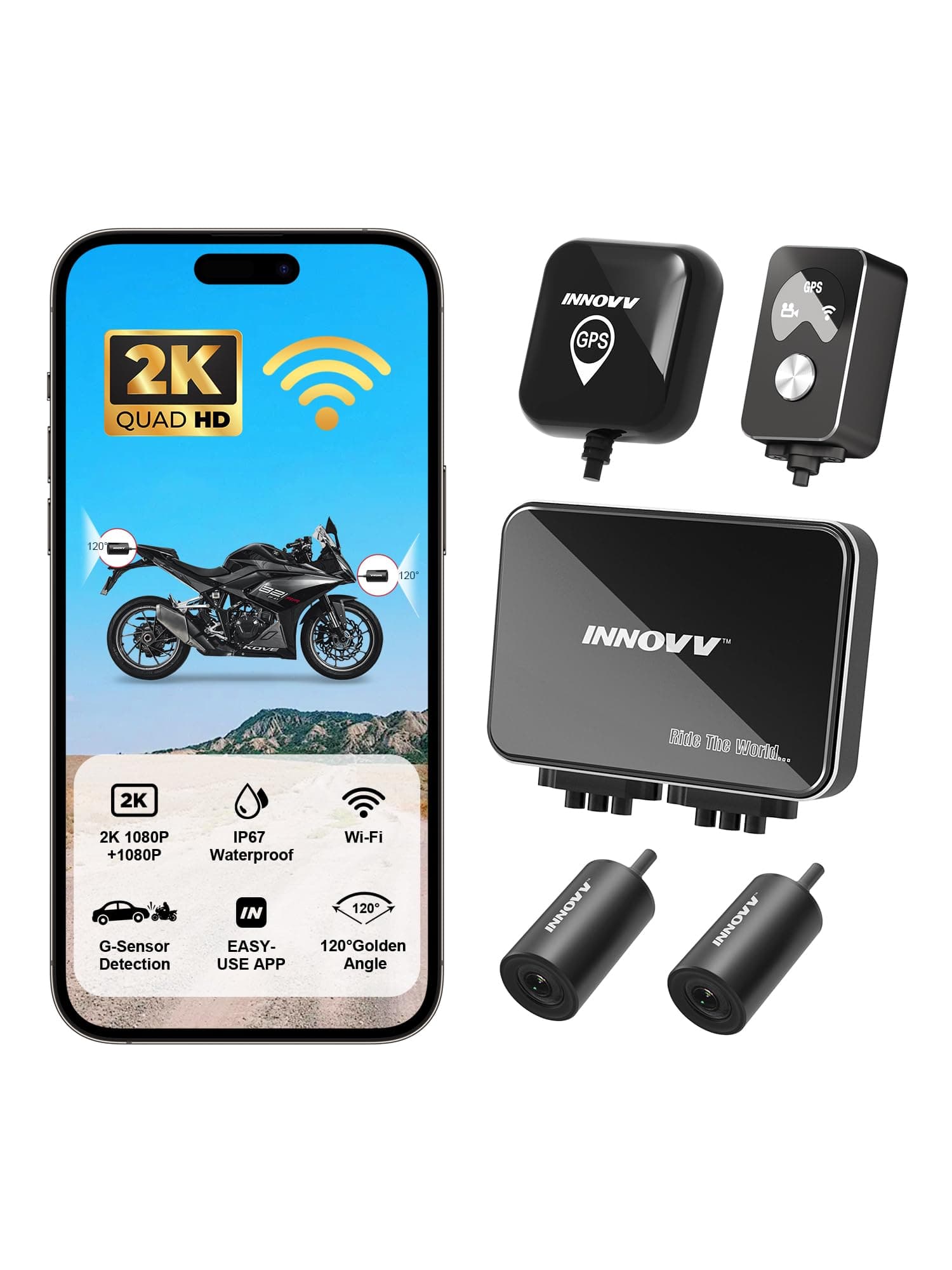 K7 Motorcycle Dash Cam, 2K + 2K Front and Rear Camera with EIS Anti-Shake, Motorcycle DashCam with 24hr Sentry Mode, Emerg Auto Save GPS, App Connect, IP67 Waterproof, Max Support 512 GB