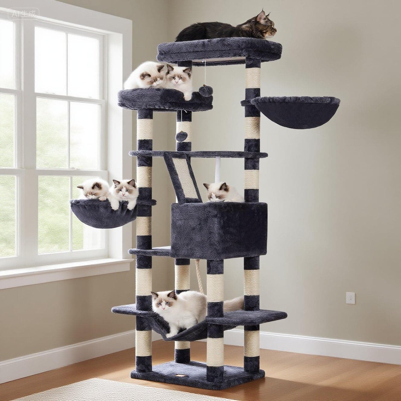 Heybly Cat Tree for Large Cats,68 inch Multi-Level Cat Tower for Indoor Cats,2 Widened Plush Perches Cat Condo with Scracthing Board and Big Caves,Smoky Gray HCT025G