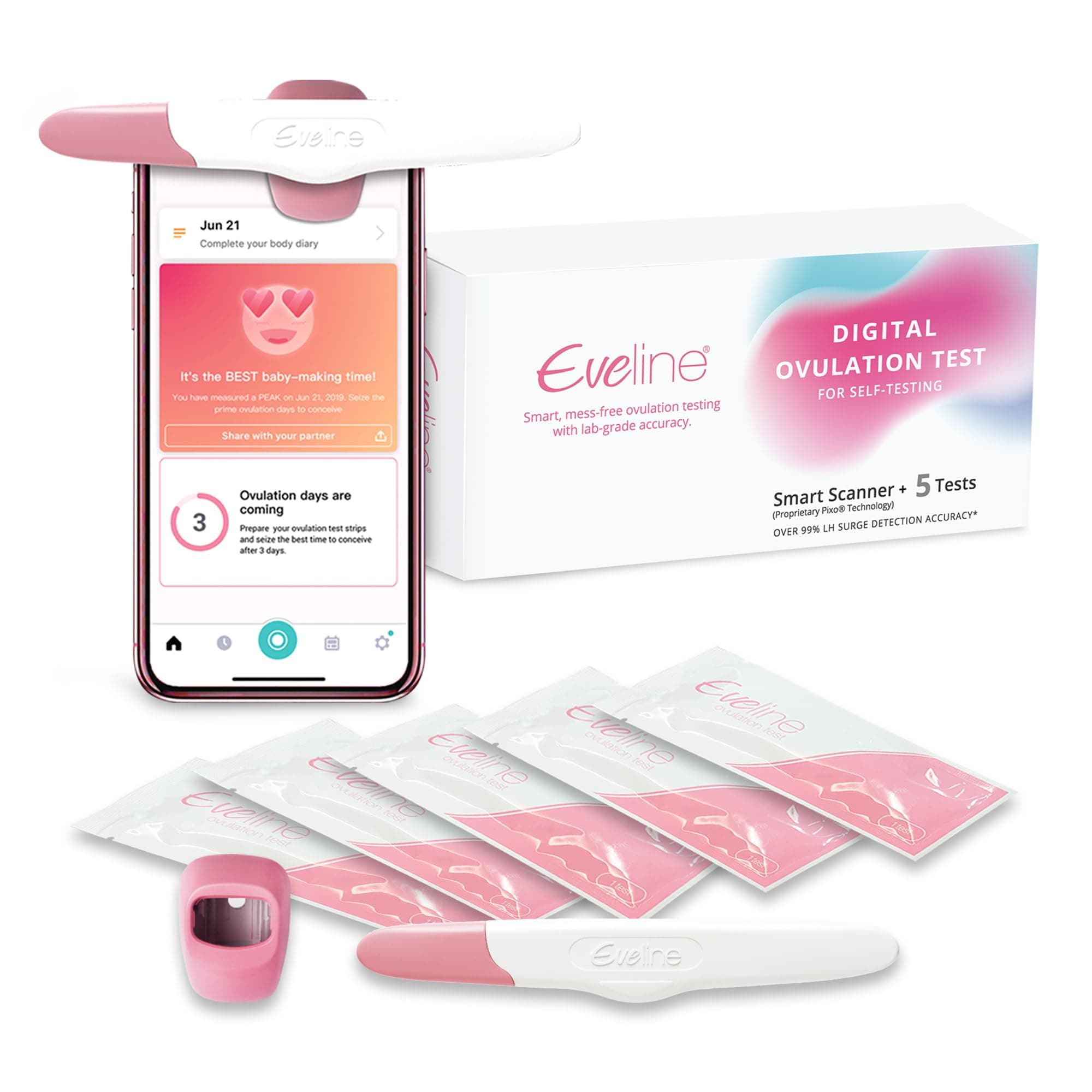Eveline Digital Ovulation Test Predictor Kit - 5 Easy at Home Ovulation Test Strips with Smart Scanner for One Cycle, Digital Results on Eveline App, 99% Accuracy, FSA/HSA Eligible