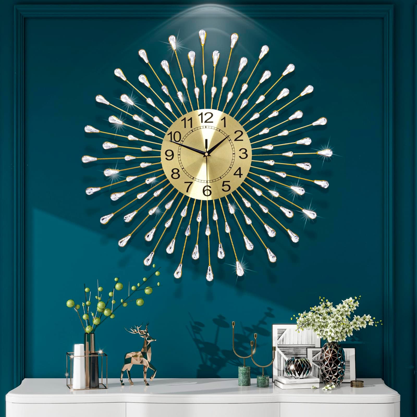 FLEBLE Wall Clocks for Living Room Decor Large Wall Clock Battery Operated 24" Silent Non-Ticking for Kitchen,Home,Office,Bedroom,Office Indoor Crystal Round Gold Wall Decoration