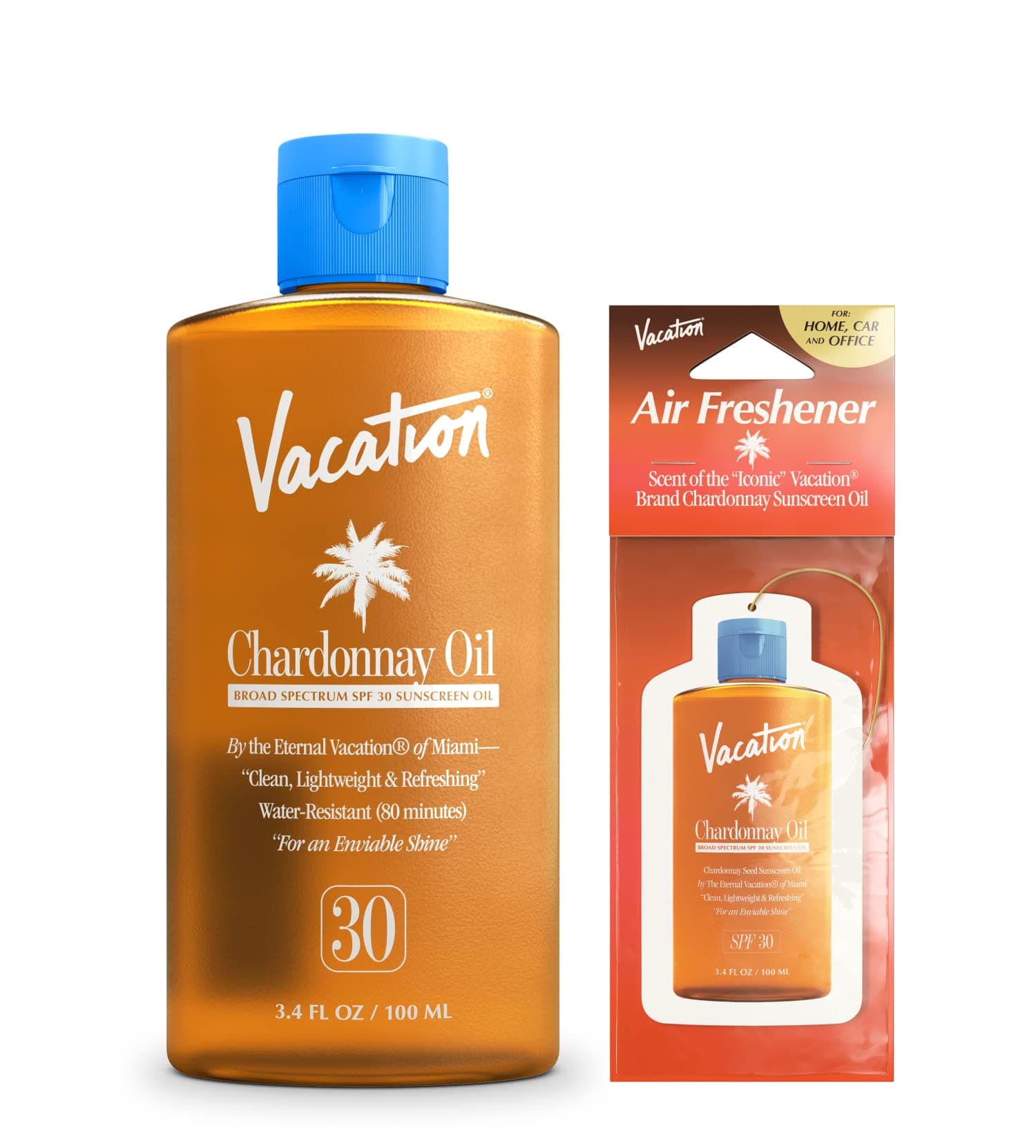 Vacation Chardonnay Oil SPF 30 & Air Freshener Bundle, Hydrating & Nourishing, Lightweight, Transparent on All Skin Tones, Water-Resistant, Travel Size Sunscreen, 3.4 Fl. Oz.