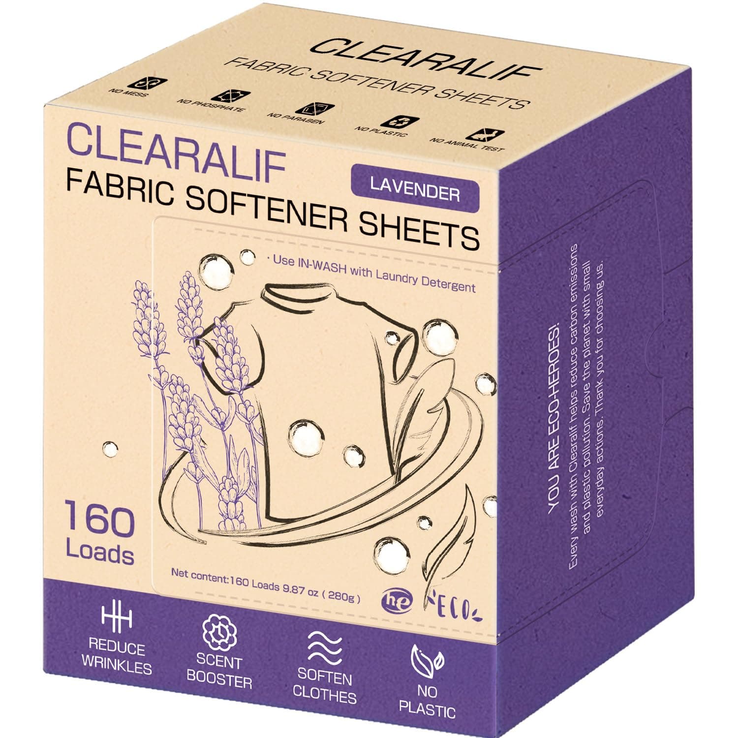 laundry Fabric Softener Sheets, Lavender Scent, 160 Loads, Eco Friendly, Great For Travel, Apartments, Dorms.